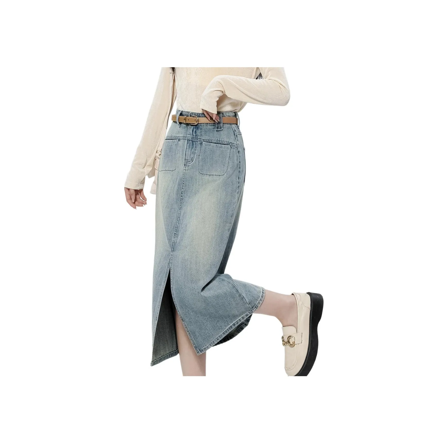 BALENO HIGH RISE Передняя часть Разделенный Бодикон Юбка с Винтажной Деним-Ваш Прямой крой A Линия Облегающий крой Юбка Лето Женские