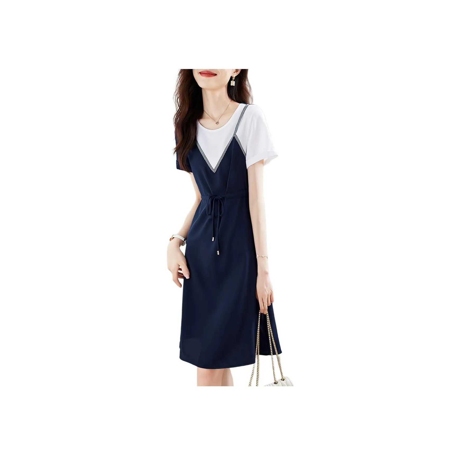 Mo Han Yi Mei Short Sleeved Dress Women's Navy Blue & White