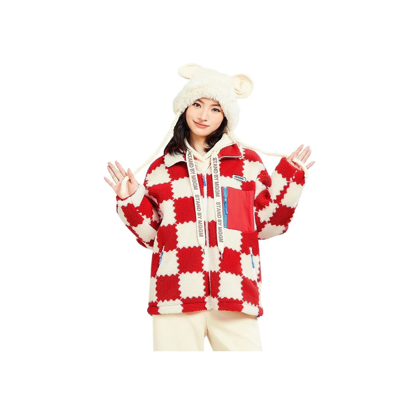 MUGUOGUOMU Velvet Jackets Women's Red White Plaid