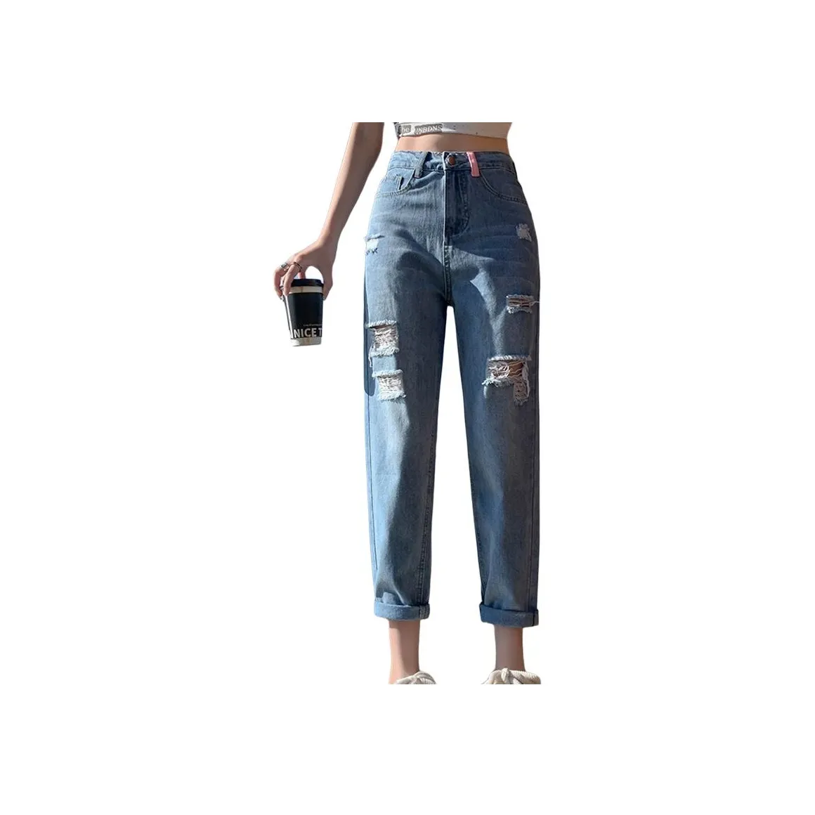 QTUR Винтажные синие рваные джинсы длиной до щиколотки, женские