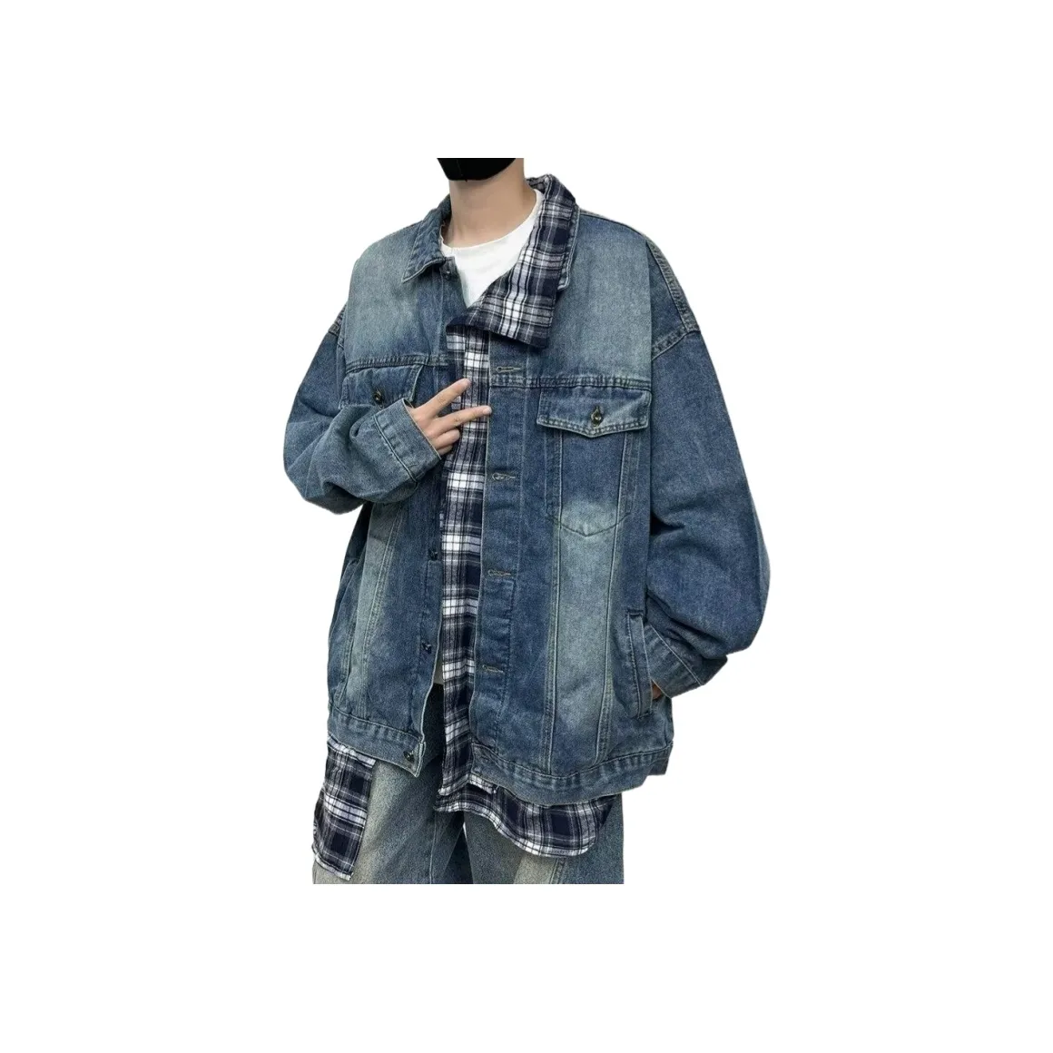 CTIDESTRAW Выстиранный Синий Черный Клетка Унисекс Джинсовые Куртки