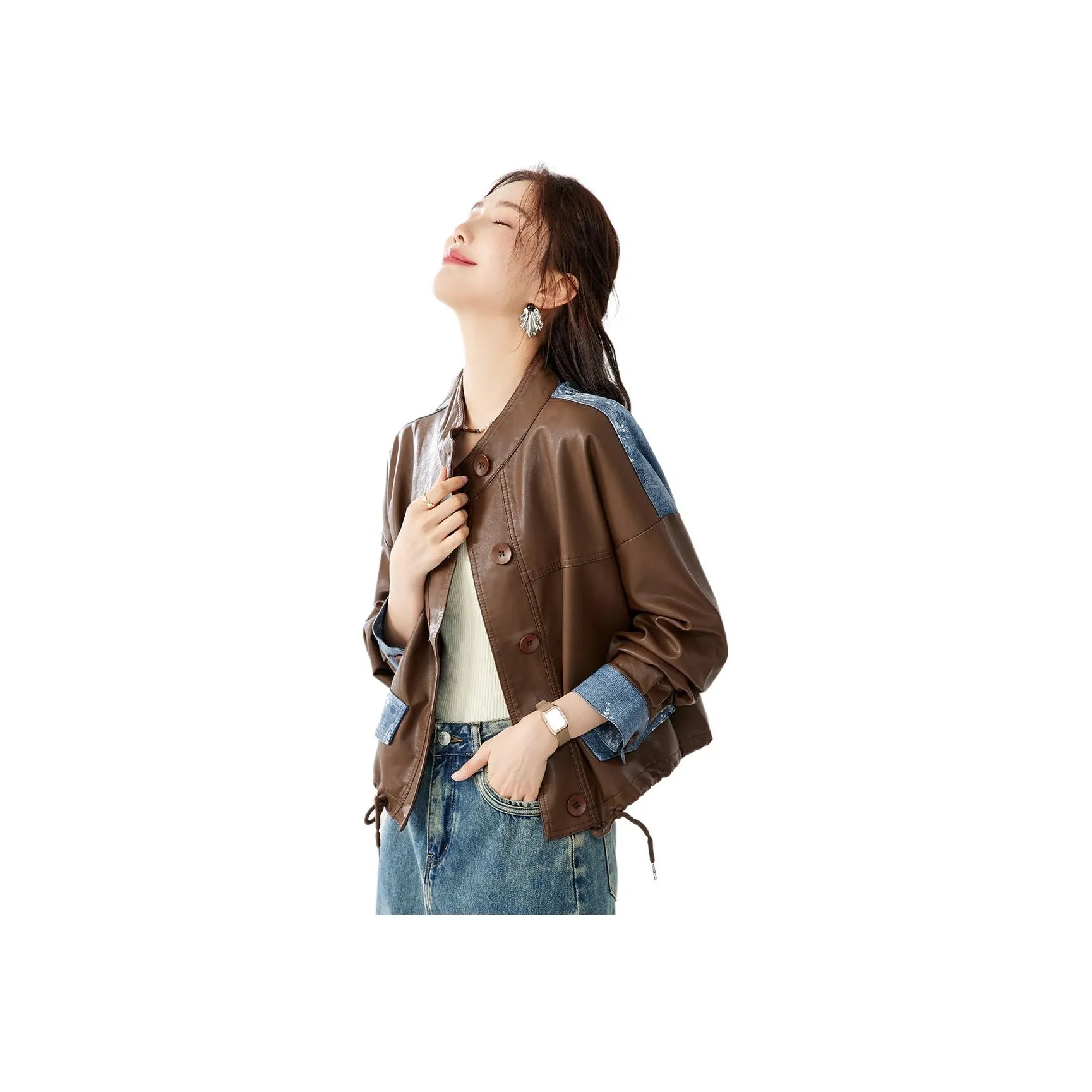 TERRE BLEUE Leather Jacket Women's Coffee