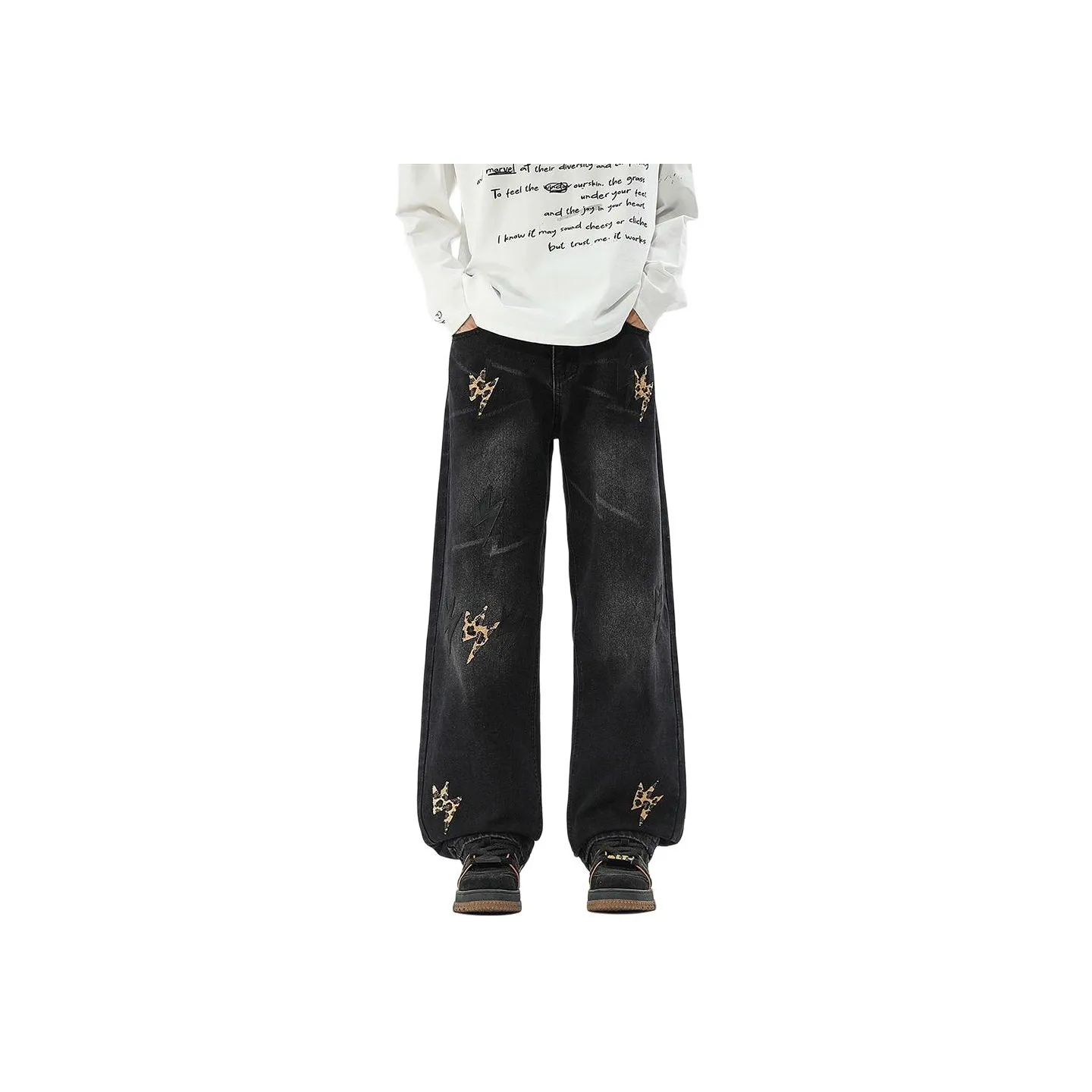 M JEANS STUDIOS 7 Леопардовый принт Кожа Унисекс Джинсы