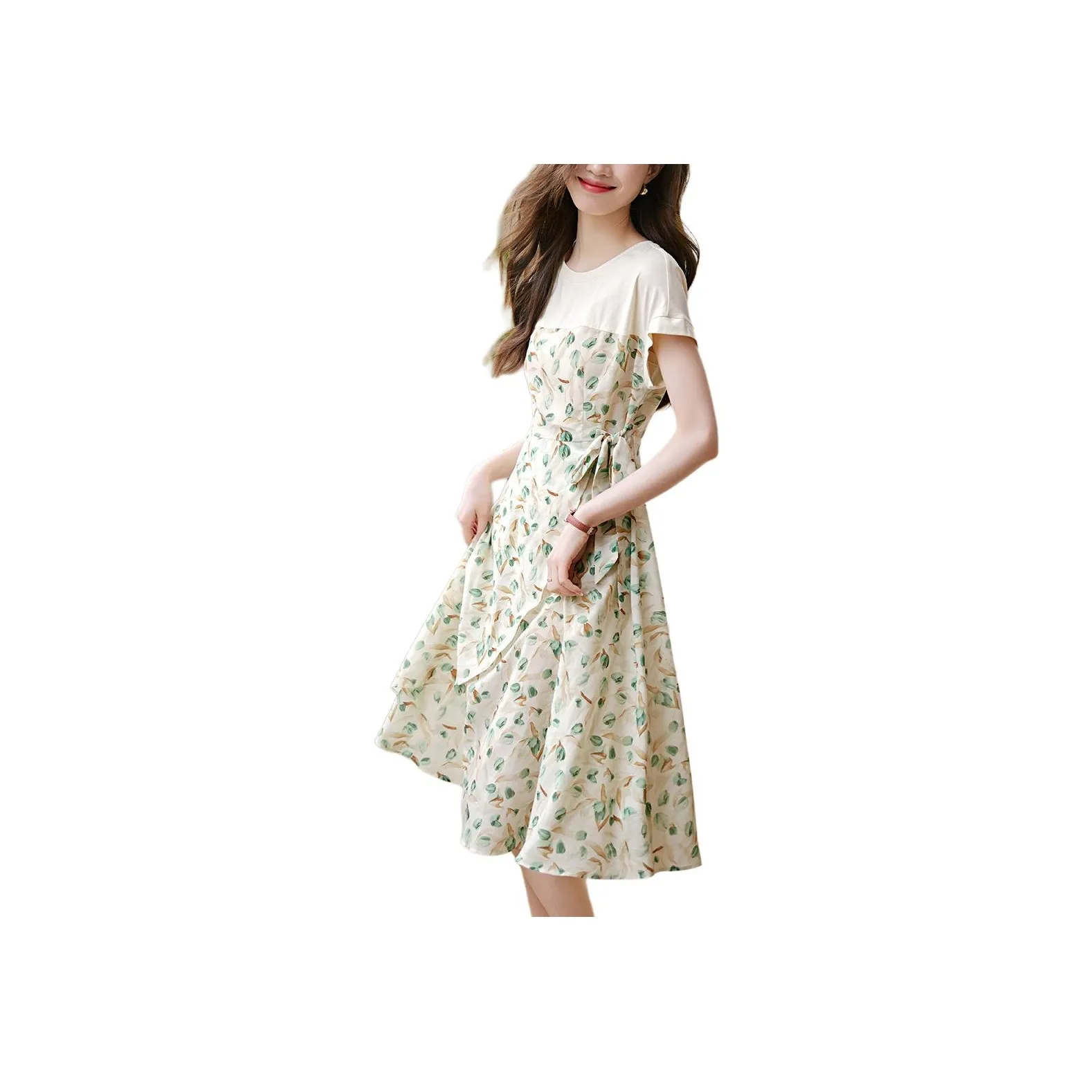 Mo Han Yi Mei Short Sleeved Dress Women's Yellow With Green Floral