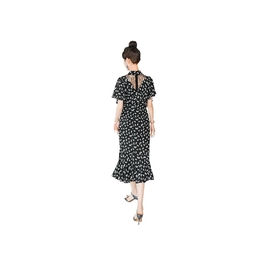 Cypress House Short Sleeved Dress Women's Black With White Floral