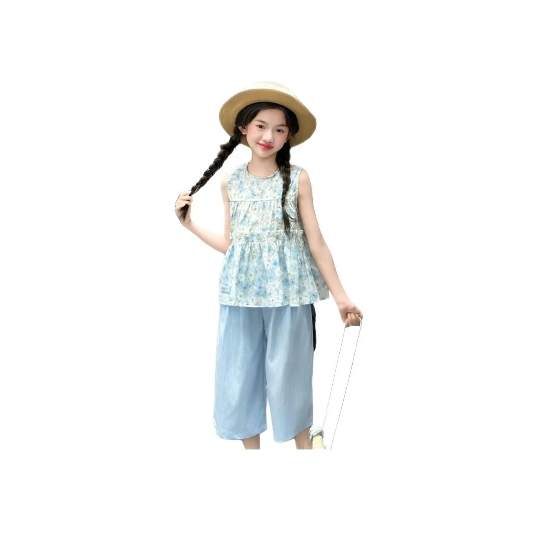 TONYBEAR 2025 Летний Комплект Топ без рукавов Цветочный Широкие брюки