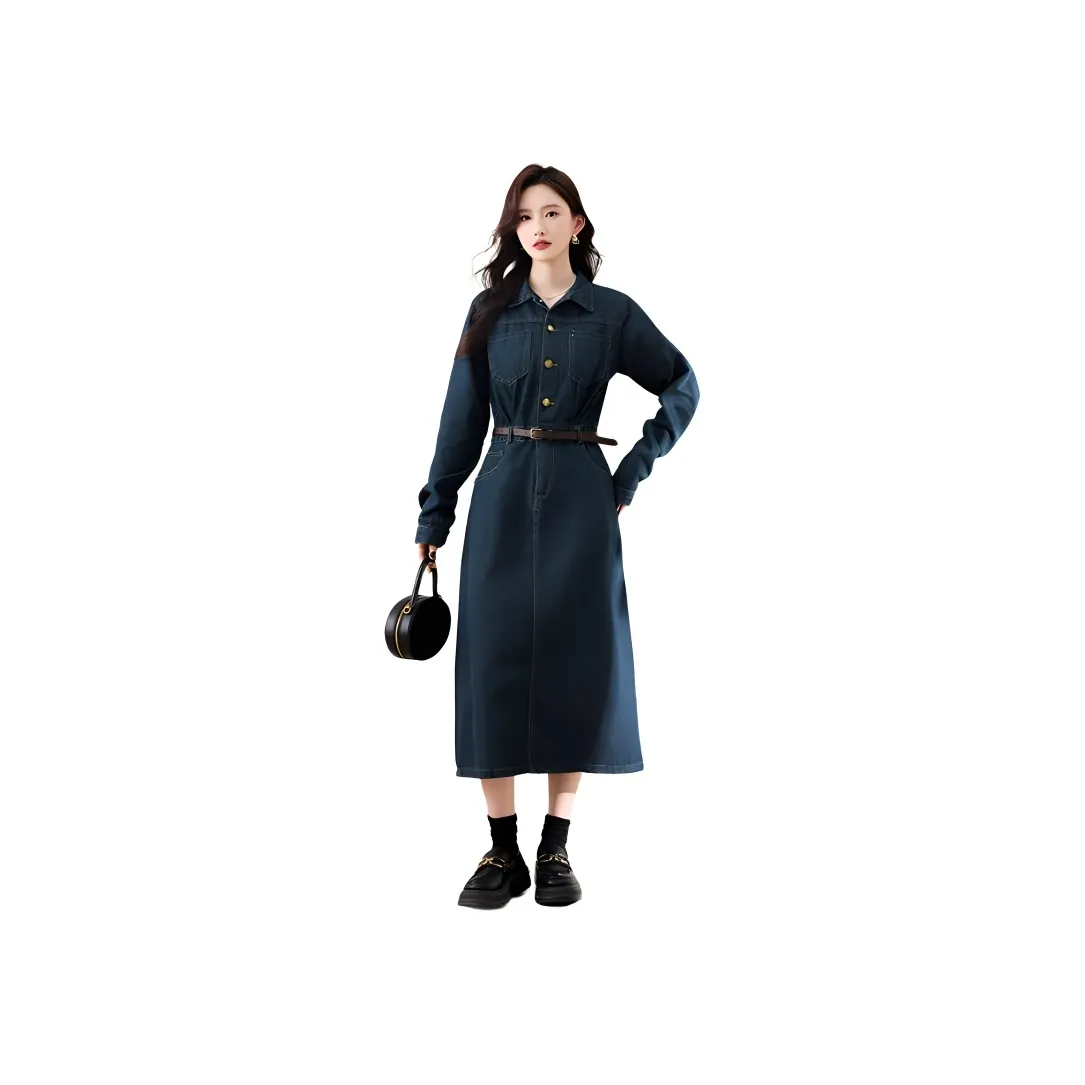 X MOOM Long Sleeved Dress Women's Denim Blue