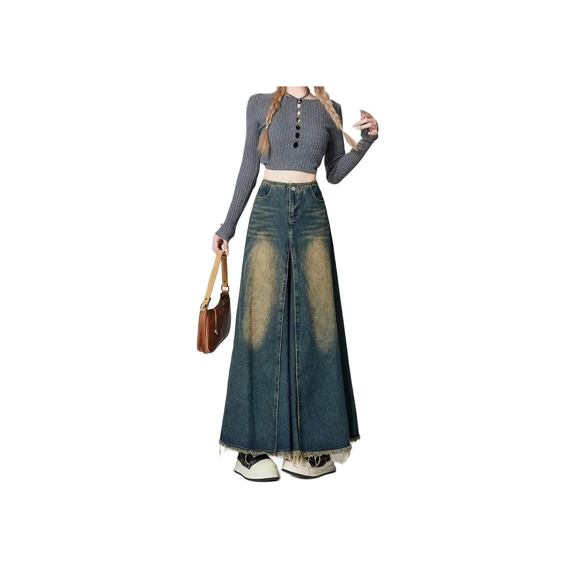 Alxnan Denim Long Skirt Women's Vintage Blue