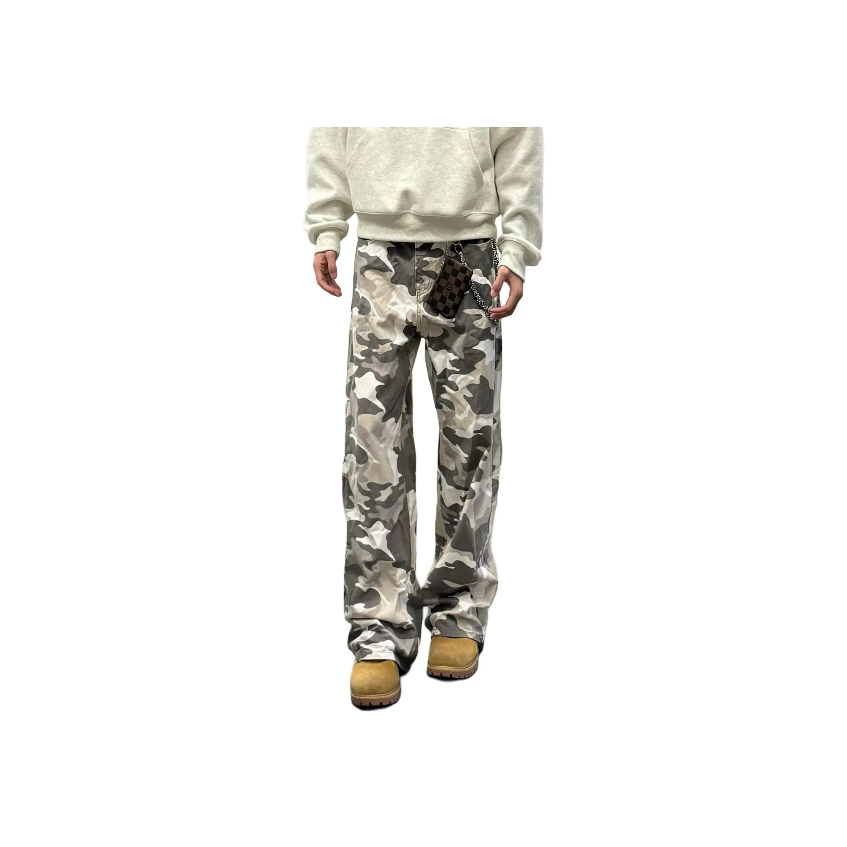 Menglaini Casual Pants Unisex Gray And White Camouflage