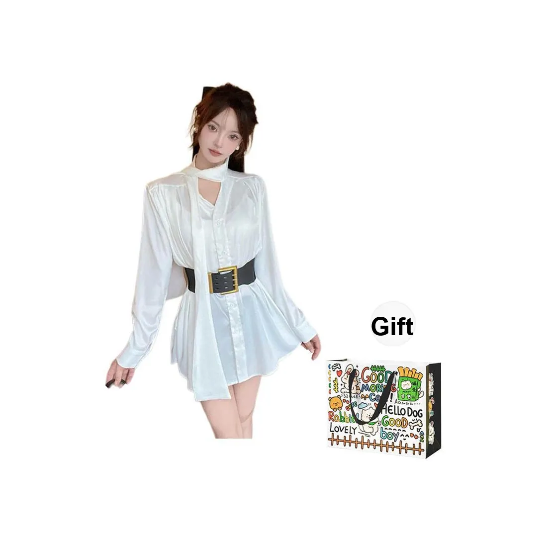 OURUOKE Long Sleeved Dresses Women's White