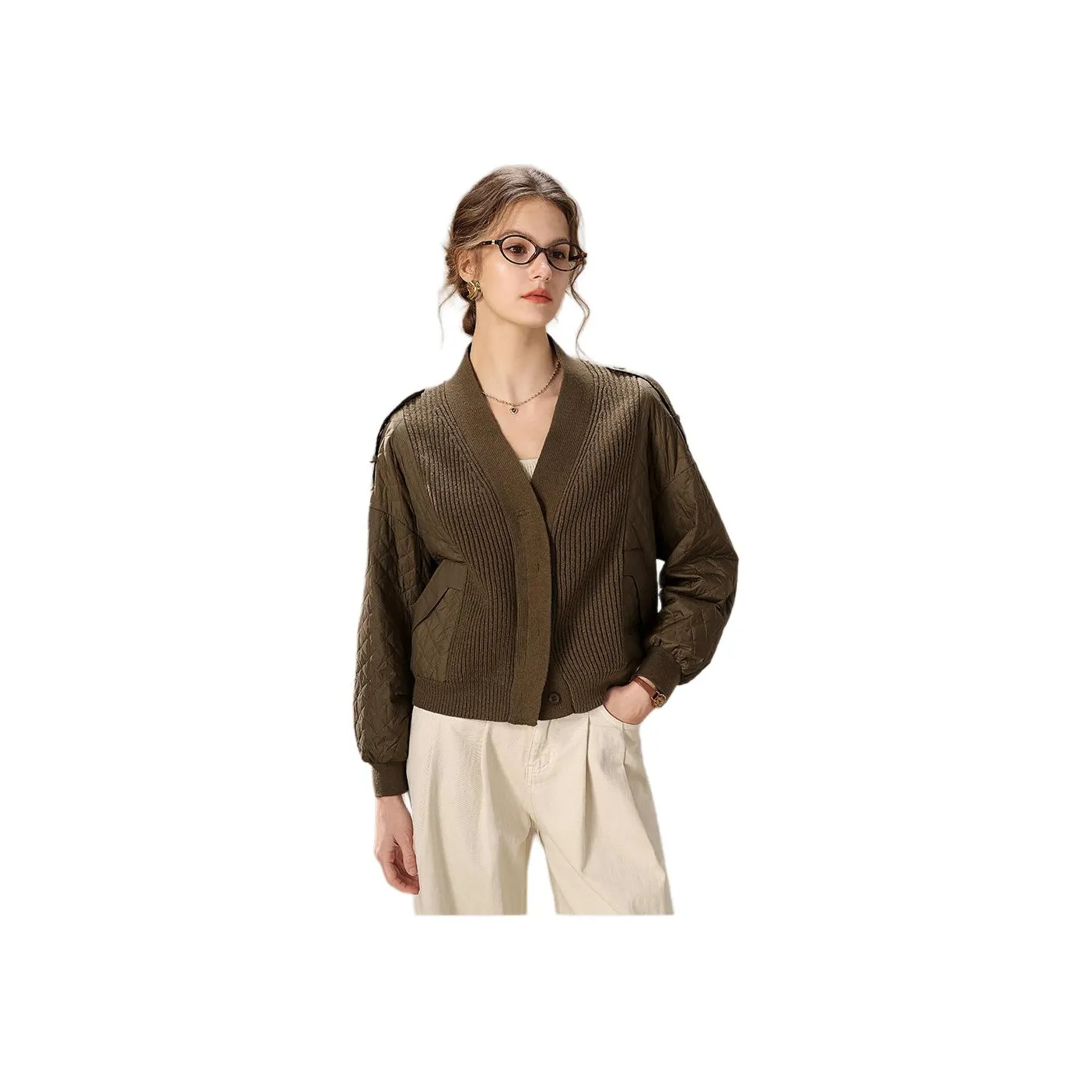 FENHONGMALI Пуховик Женский Оливково-зеленый