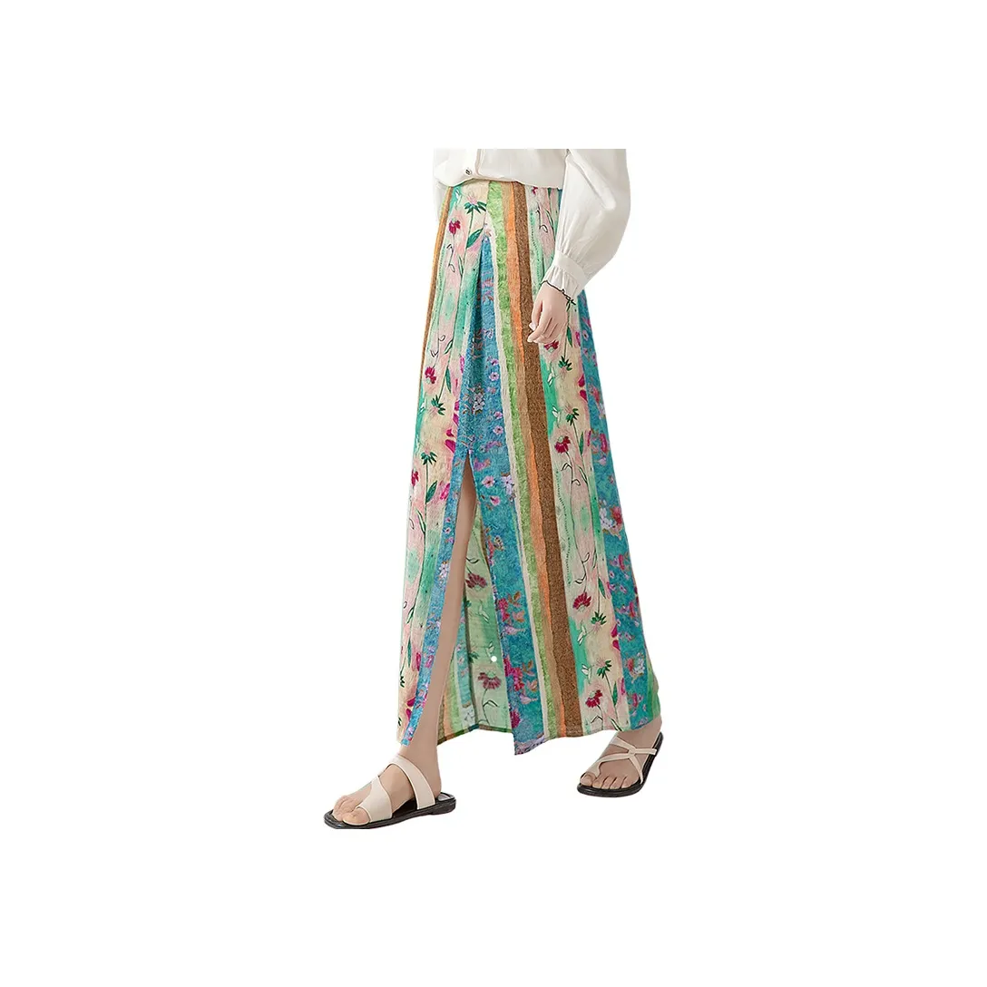 Cypress House Повседневный Длинный Юбка Женские Сине-зеленый Полосы Цветочный Дизайн