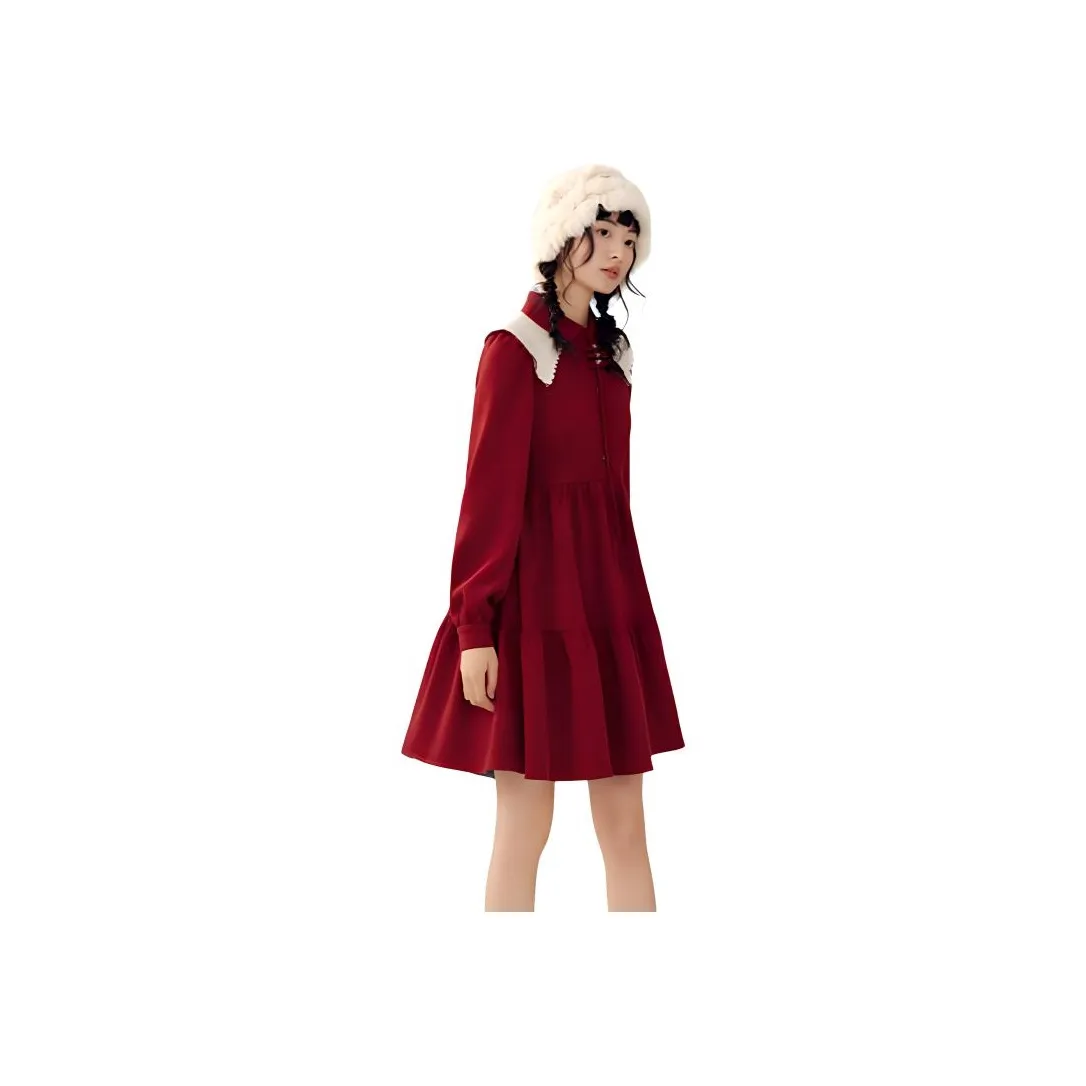 ZIHAN Long-Sleeved Dresses Women's Vintage Red