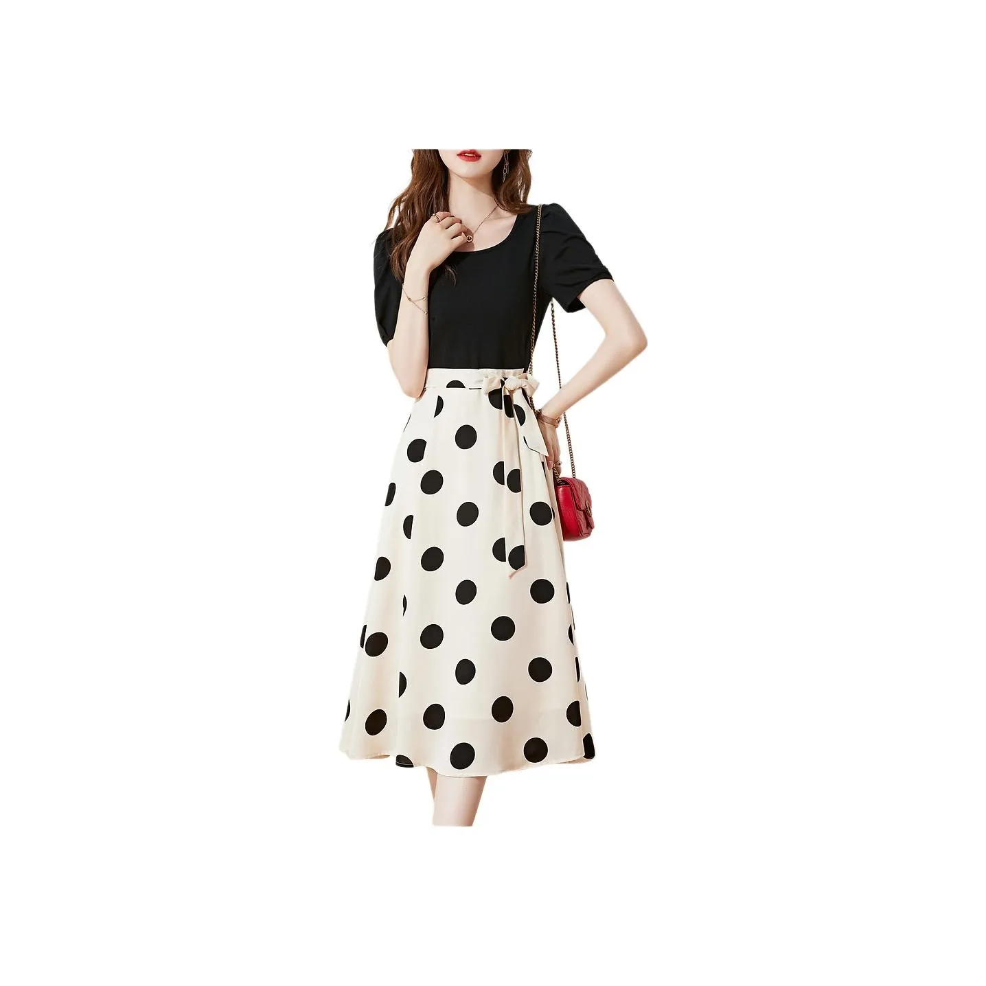 Mo Han Yi Mei Короткий рукав Платье Женское Черное с горошком