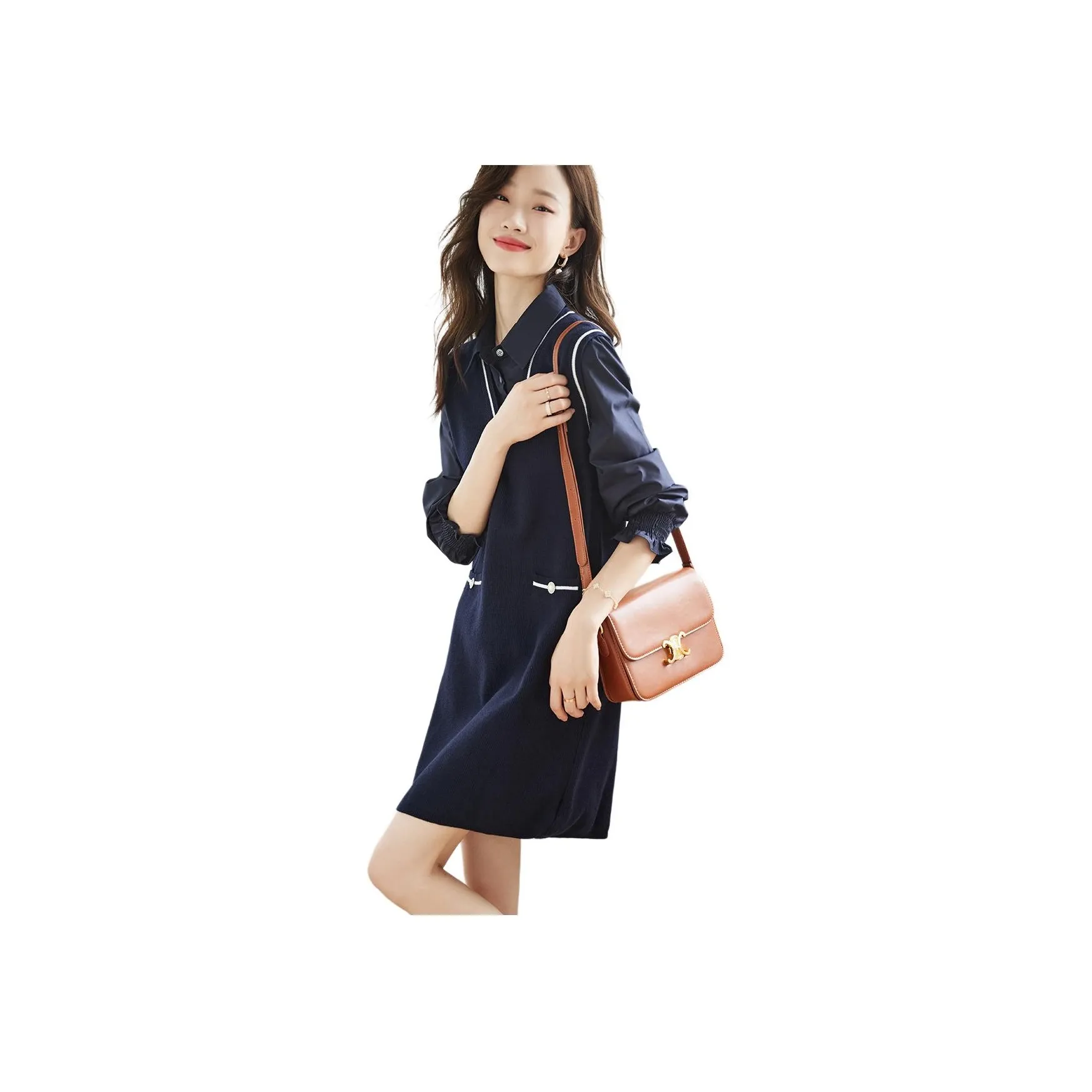 Mo Han Yi Mei Long Sleeved Dress Women's Navy Blue