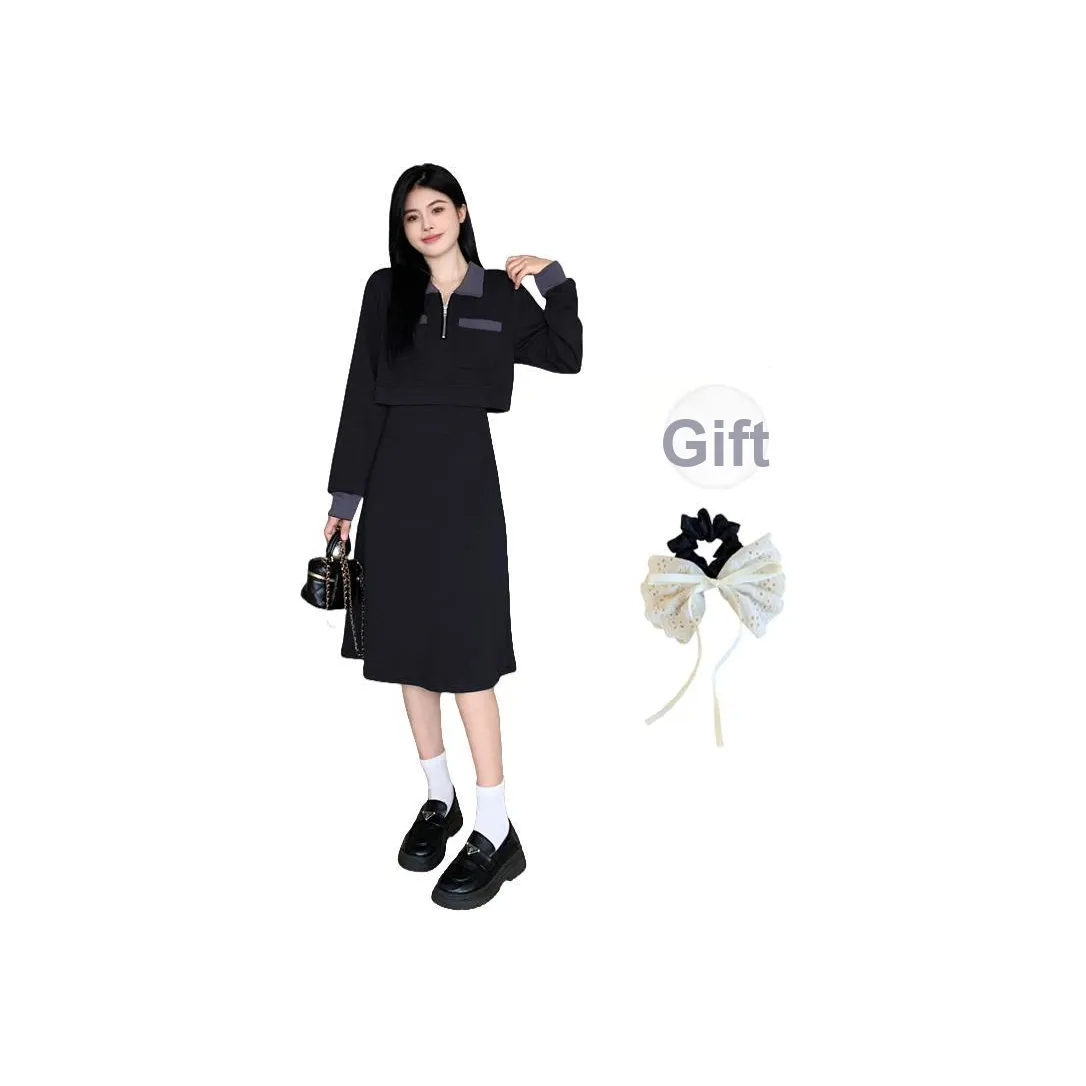 PAVEA Long Sleeved Dress Women's Black+Bowknot Hair Tie Comes With