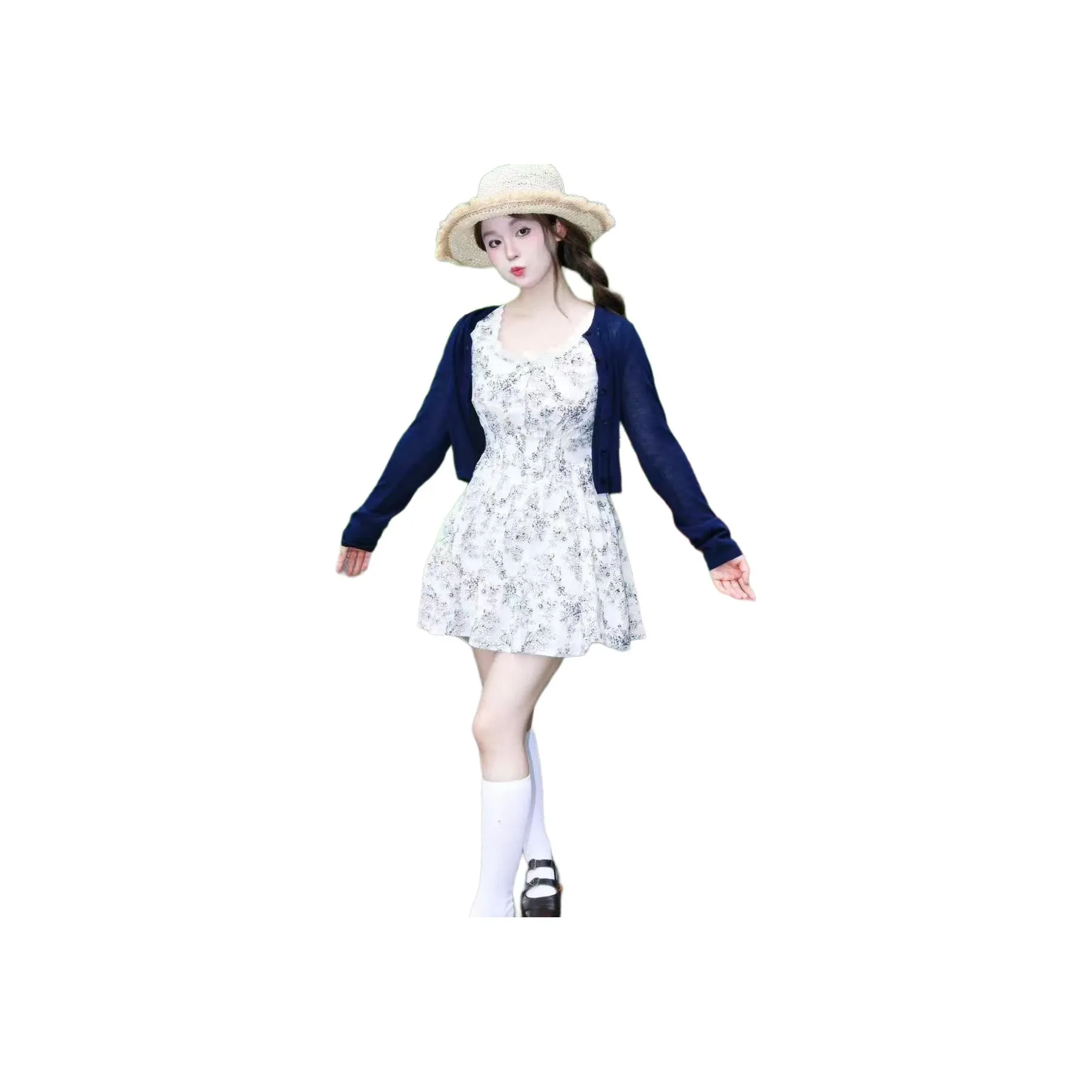 MISSHONEY MH Комплект с юбкой Принт Платье + Темно-синий Кардиган Женские Комплекты с юбкой