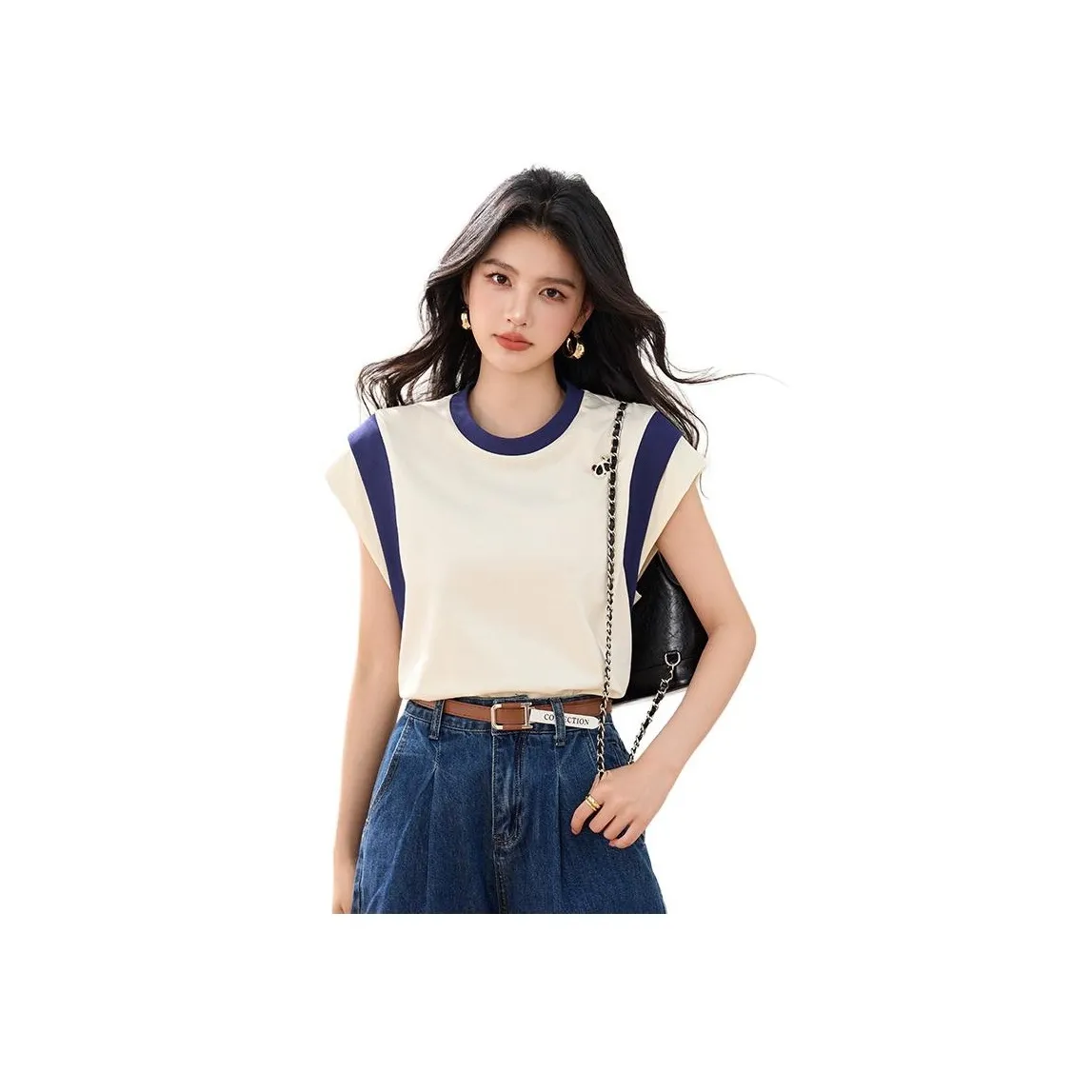 La Chapelle Flutter Sleeve T Shirt Women's Beige & Blue