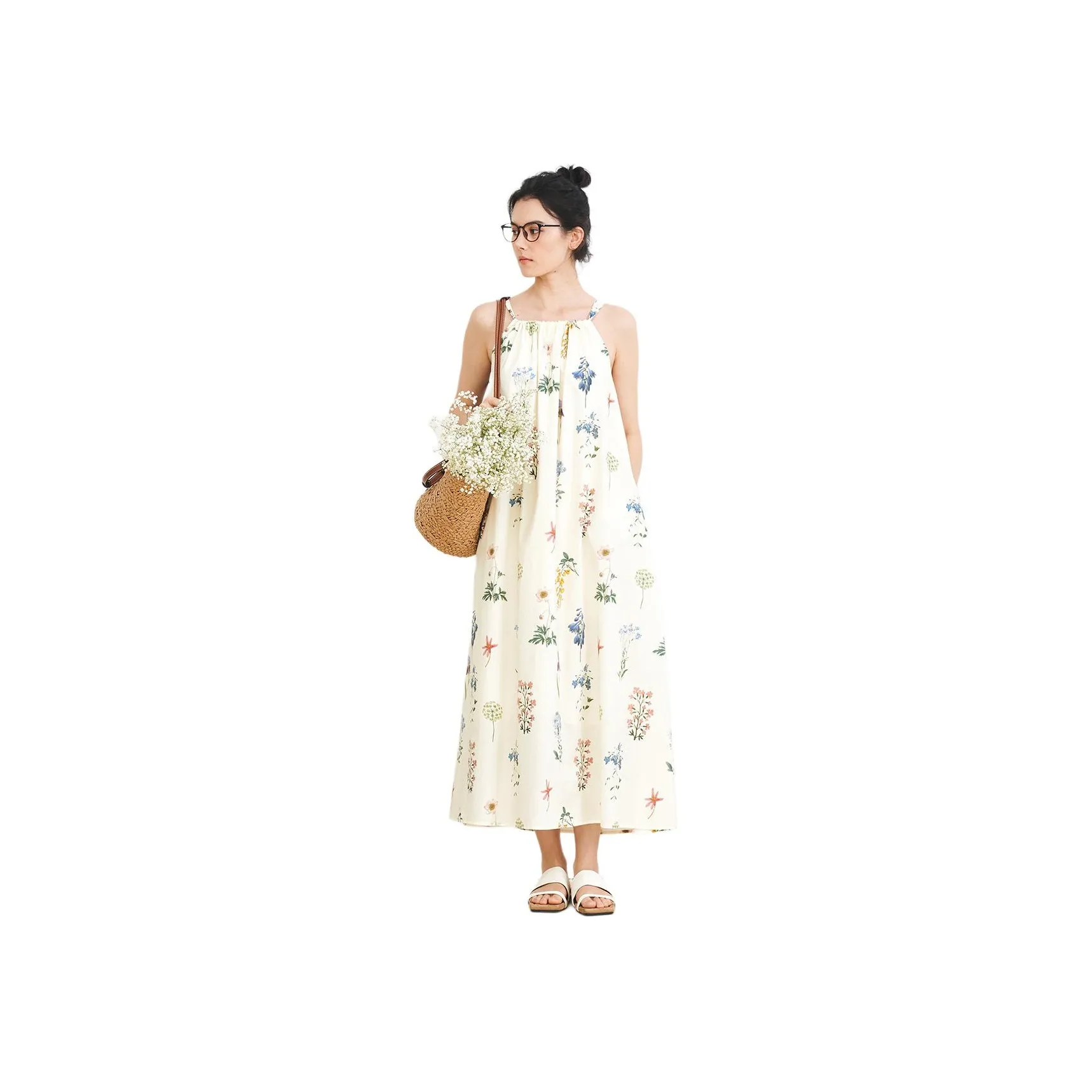 ZIMO Бежевый с Растением и Принт Женские Слип-платья