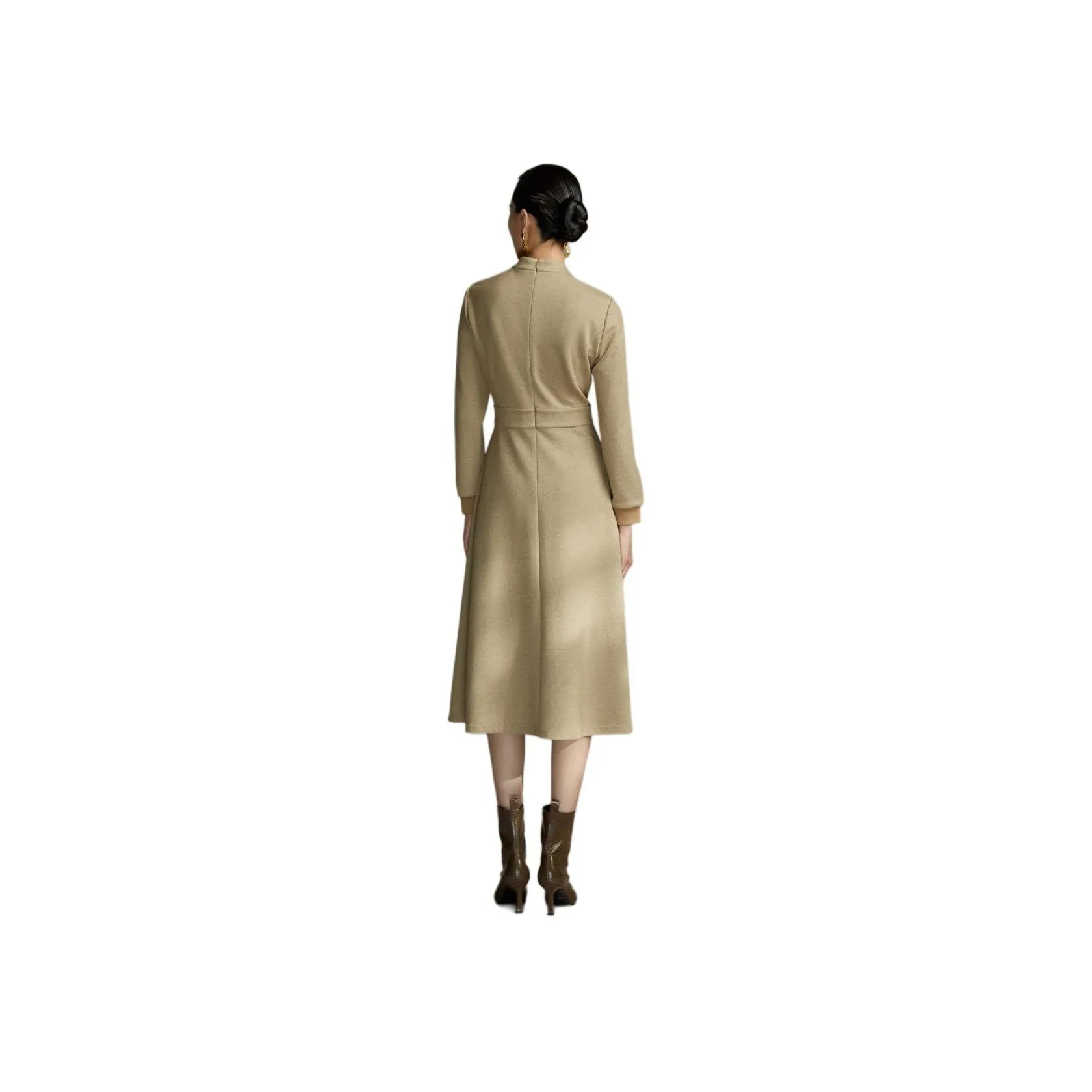 BBLLUUEE Long Sleeved Dress Women's Elegant Camel