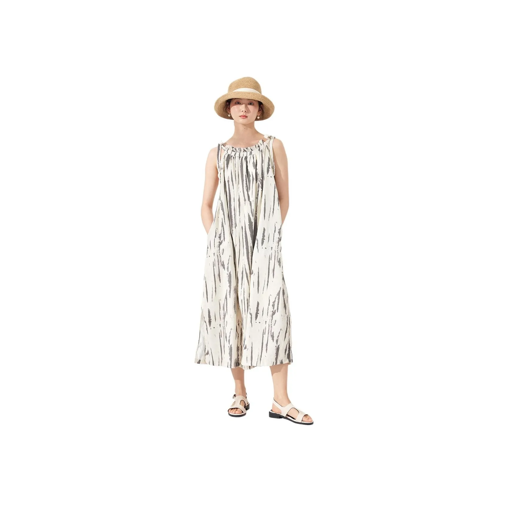 ZIMO Sleeveless Dress Women's Beige With Blue Stripes