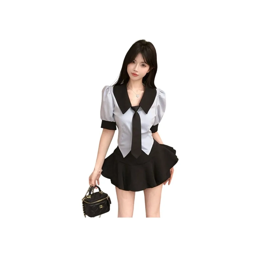 Garbege Синяя рубашка с черной юбкой и галстуком, набор женской униформы