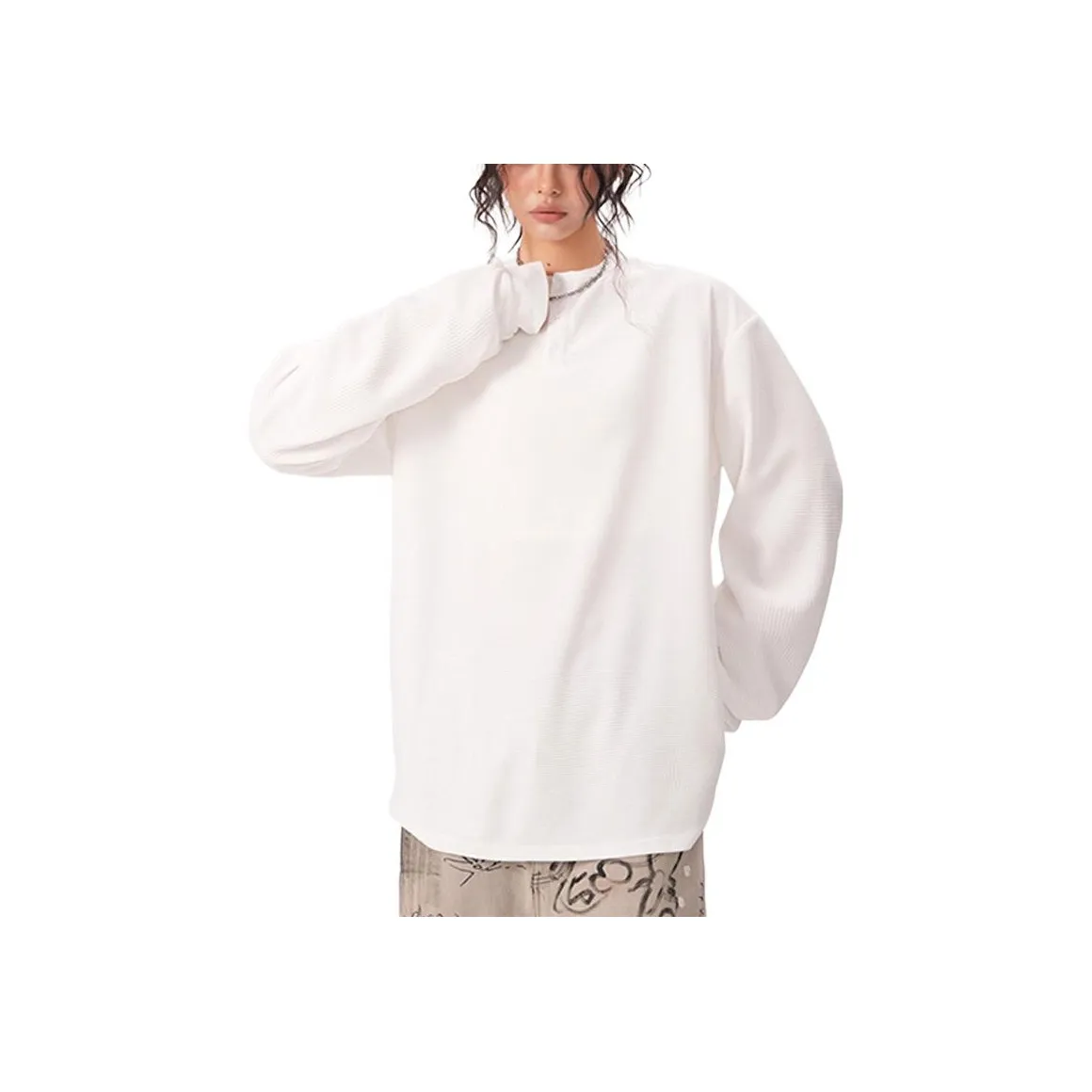 YEARNED Американский воротник Генри Длинный рукав Т-рубашка Унисекс