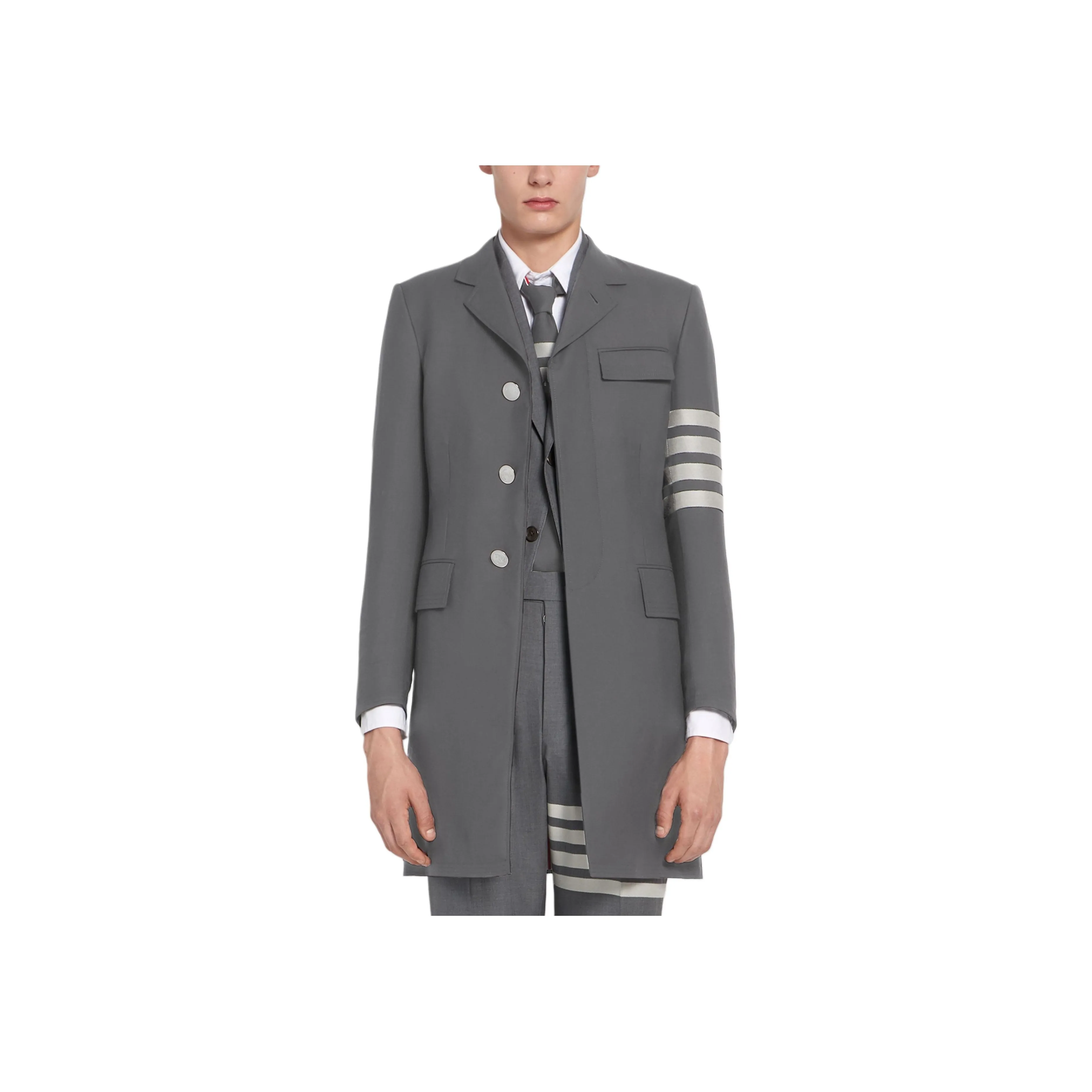 THOM BROWNE· Medium Grey Plain Weave Suiting High Armhole 4 Bar Overcoat Coats Coat Men's Medium Gray