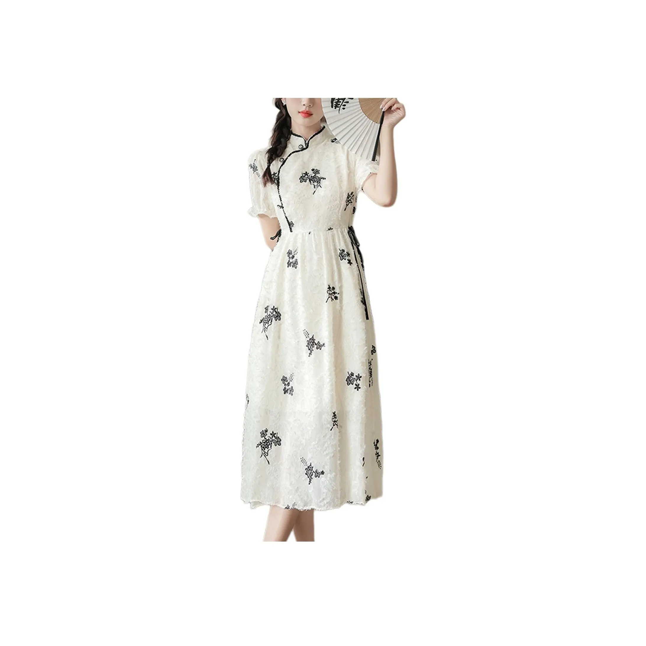 Wbwq Short Sleeved Dress Women's White With Black Floral