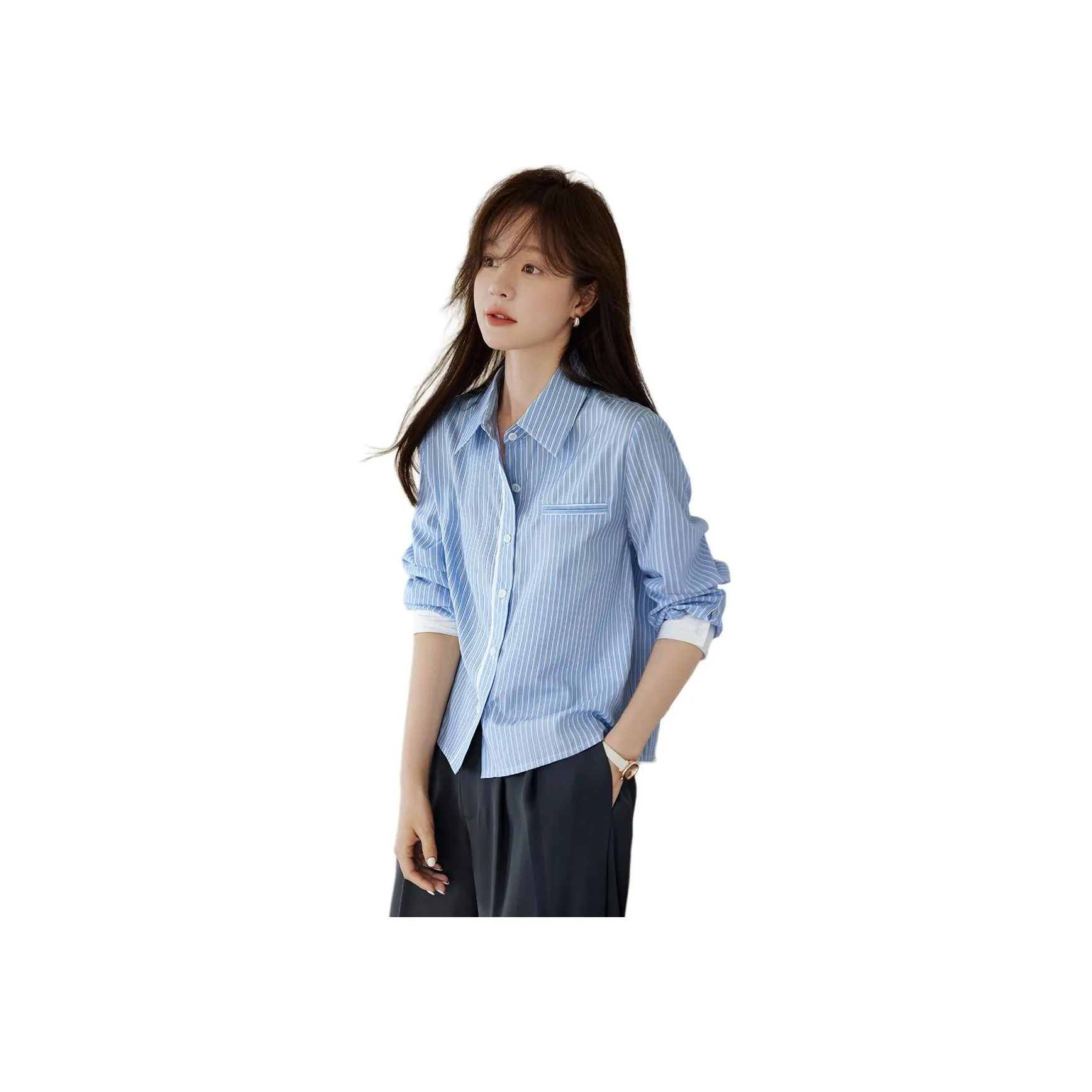 Mo Han Yi Mei Рубашка Женская Синие и Белые Полоски