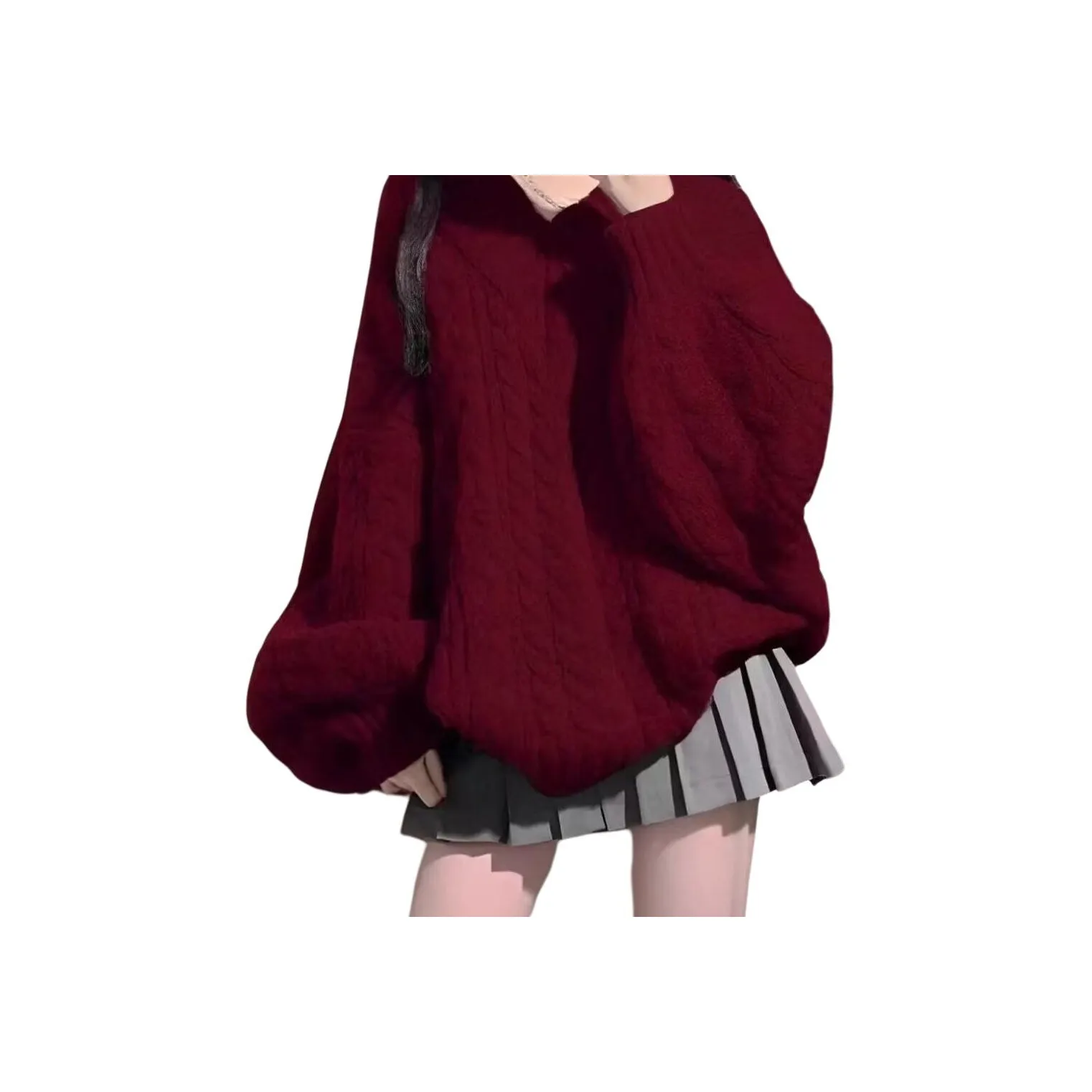 Mu Qingqing Красный Трикотажный Свитер из Ткани + Серый Юбка с Рифленым Краем, Комплект из Двух Предметов, Женские Юбочные Комплекты