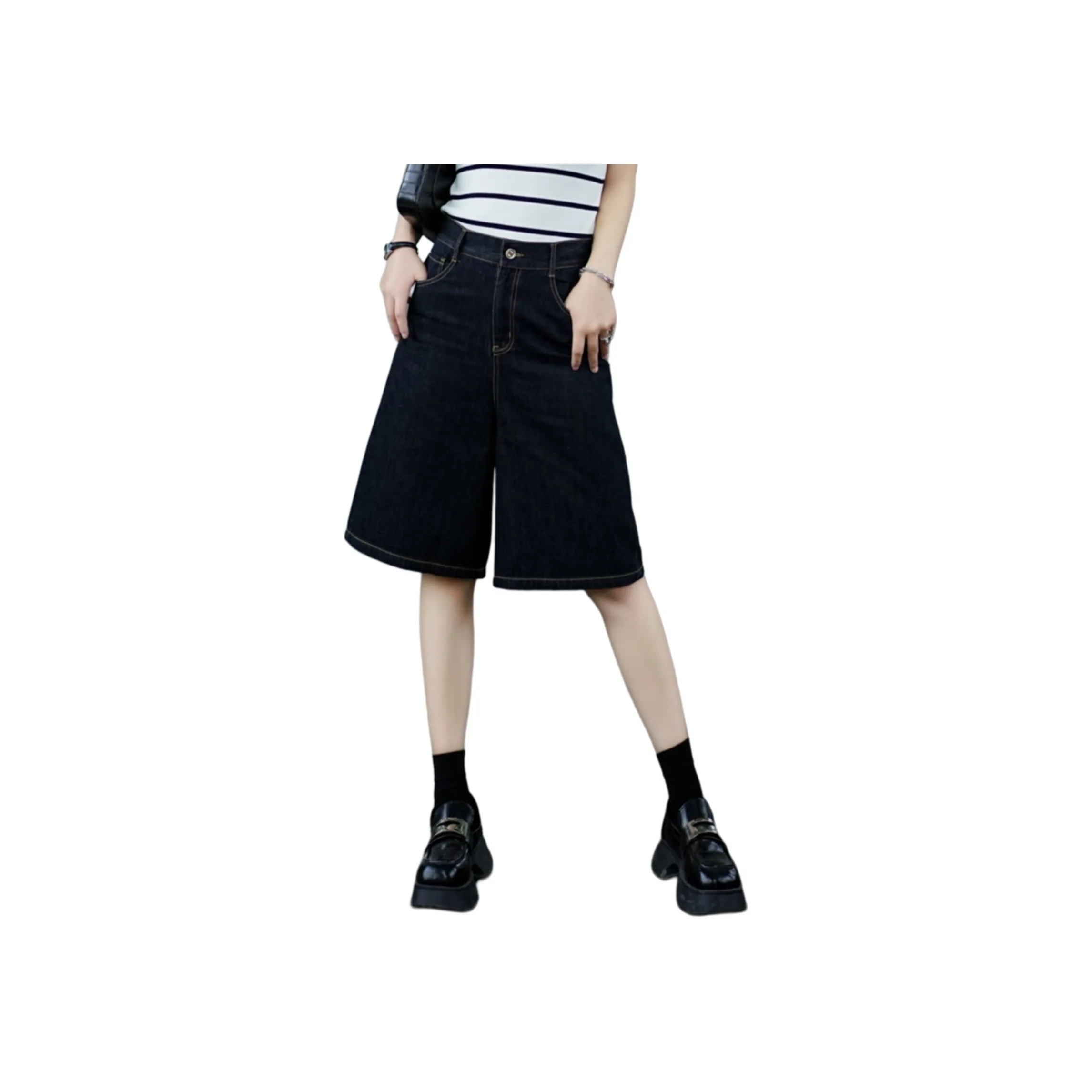 You Cow Me Pants Denim Shorts Knee Length Pants Women's Black Blue