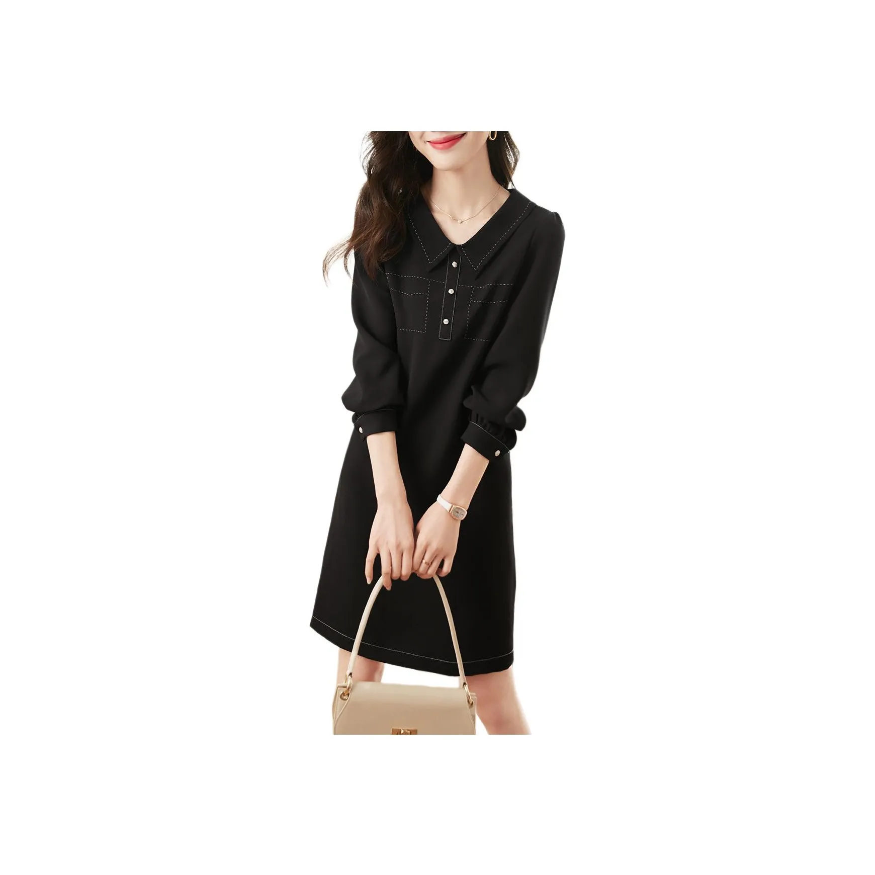 Mo Han Yi Mei Длинный рукав Платье Женское Черное