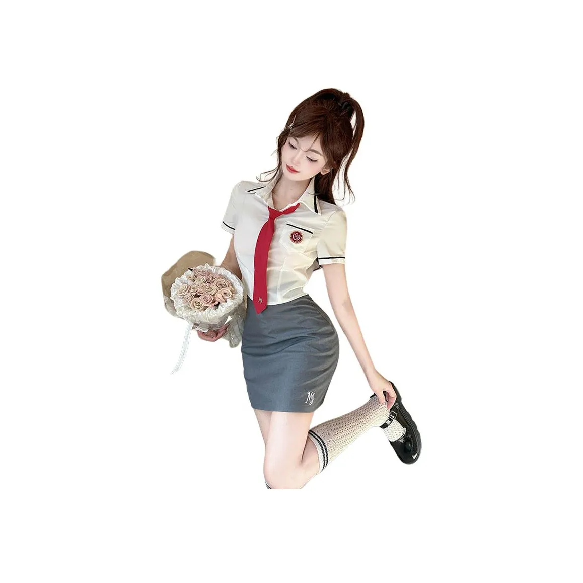 DGMZ Белый топ с Tie Серая юбка Комплект одежды Женская униформа