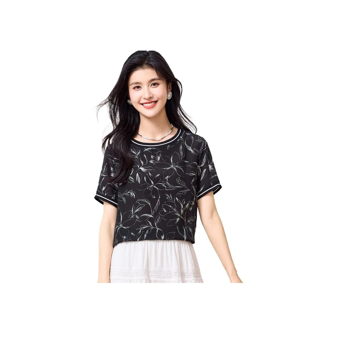 JINJU Черный с Crochet Цветочный Женские T-рубашки
