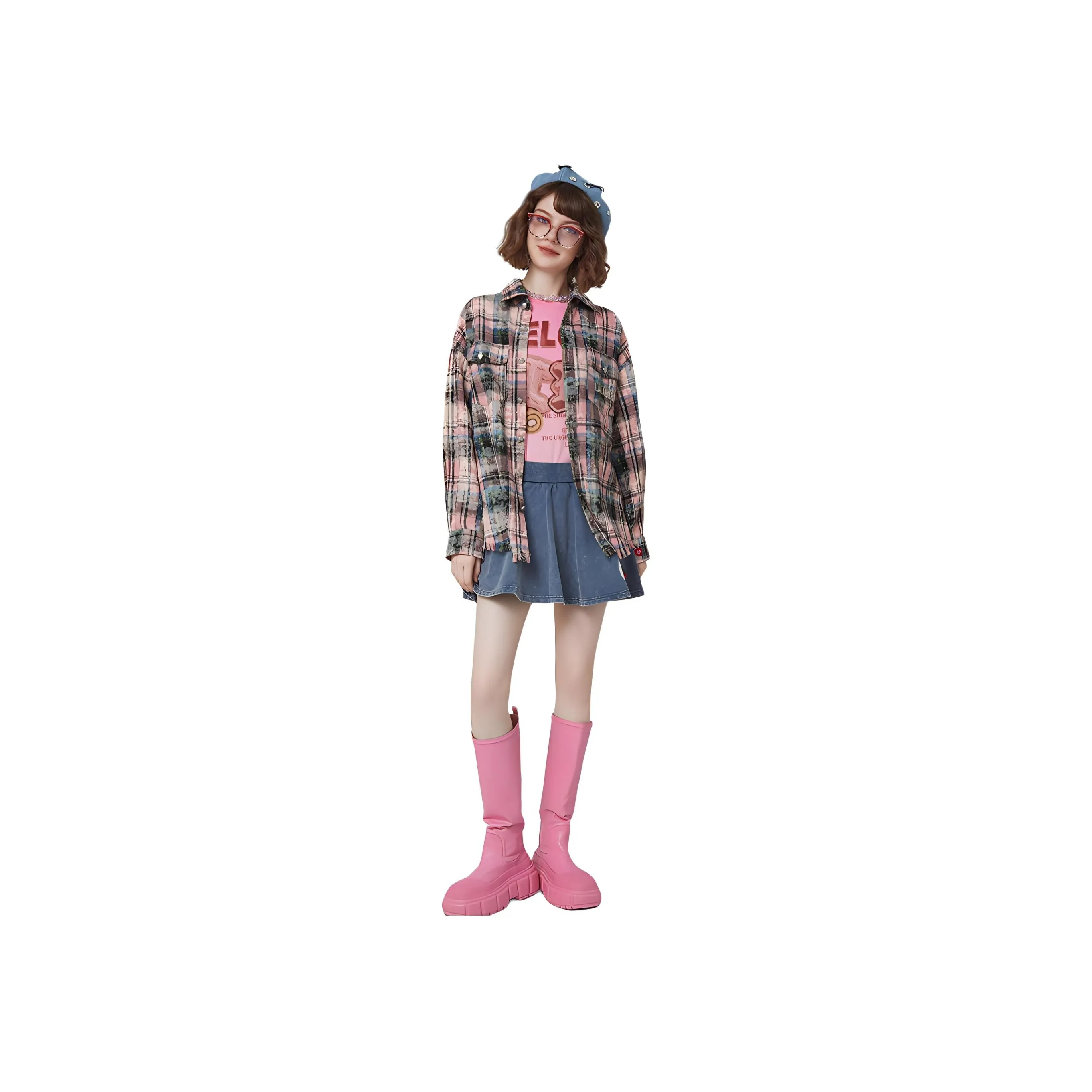 LALABOBO Shirt Women's Pink Blue Plaid