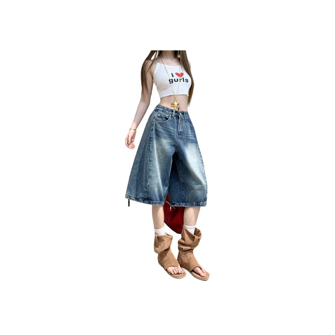 Wen Shan Denim Shorts Women's Vintage Blue Knee Length Pants