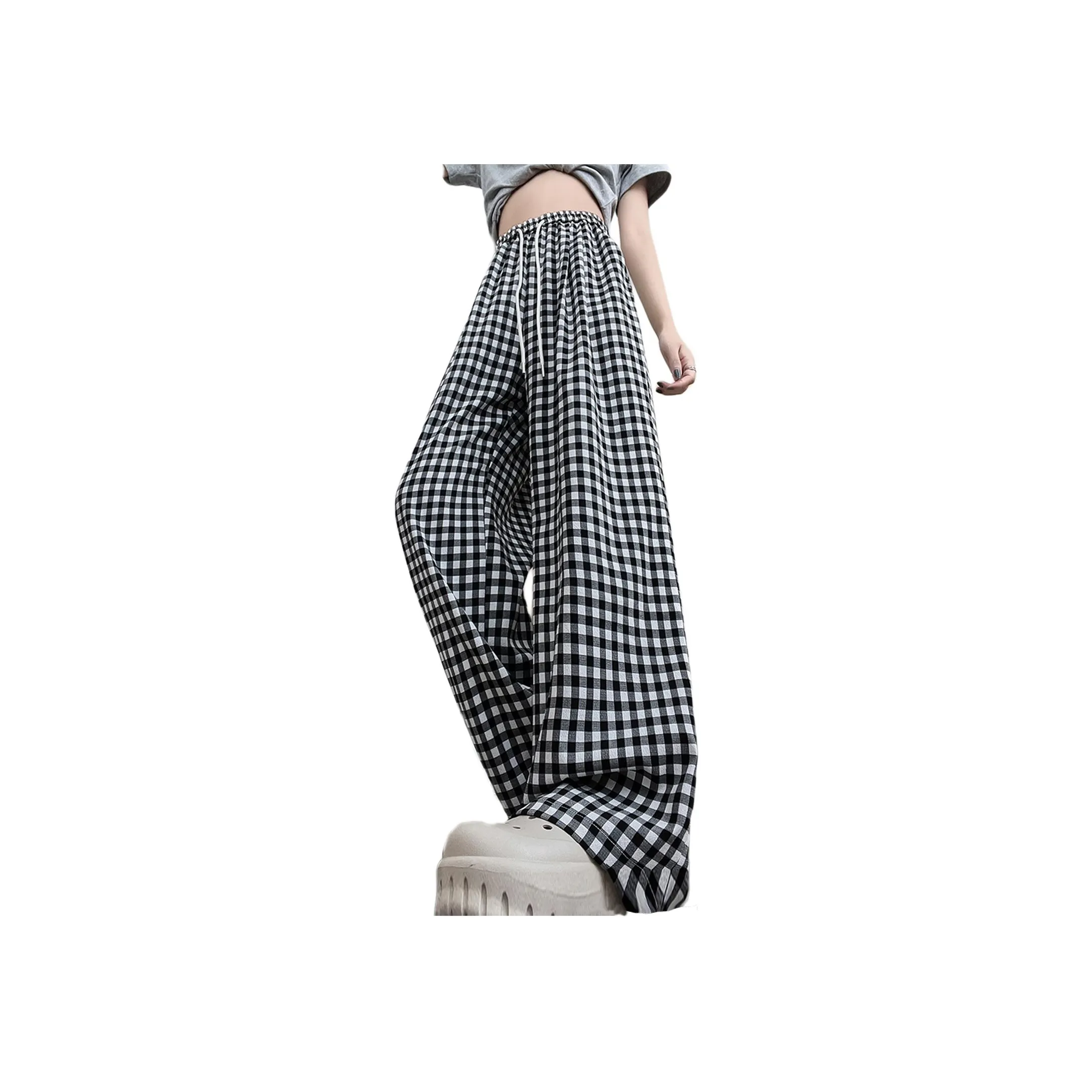 Wbwq Повседневные брюки Женские Черный Серый Белый Клетка