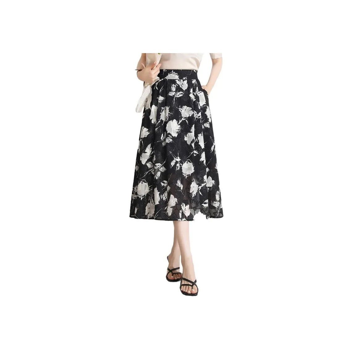 YIRANCHUN Повседневный длинный юбка женский черный с белыми цветами