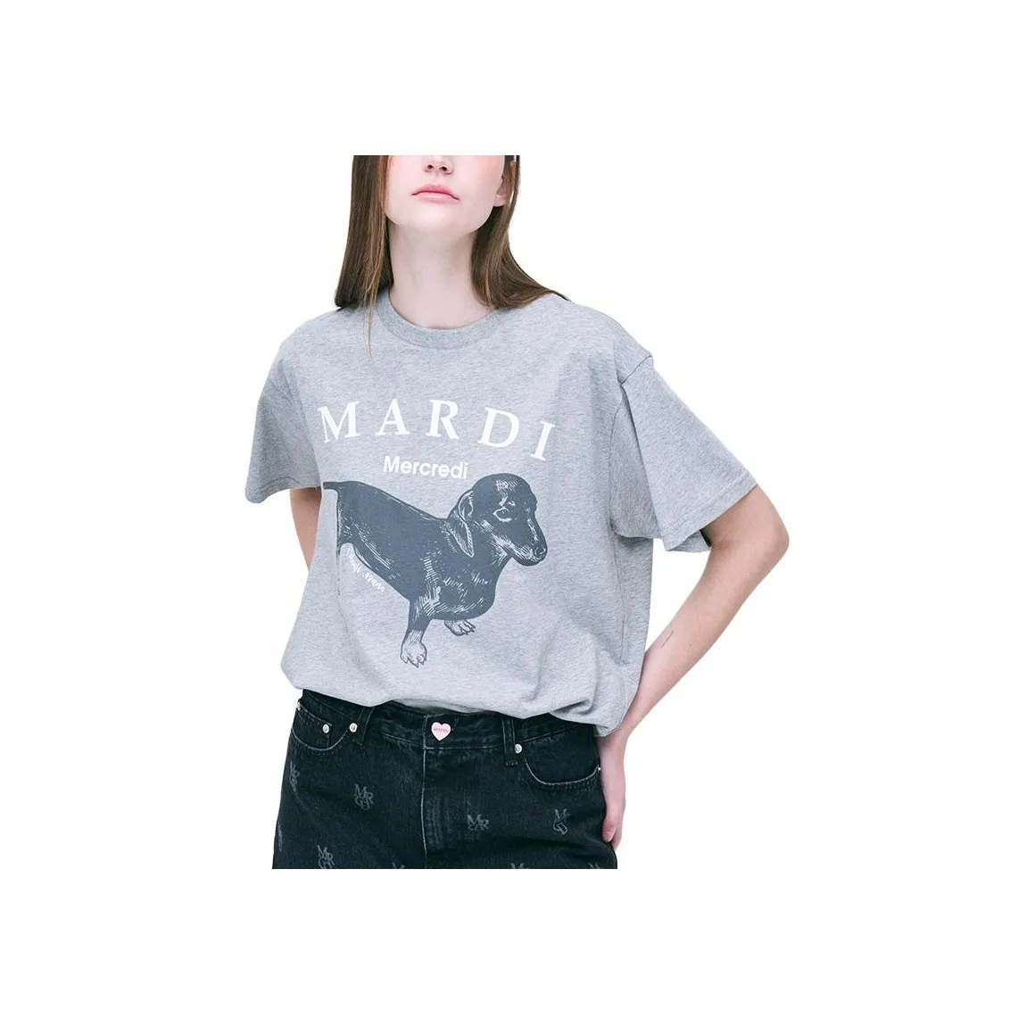 MARDI MERCREDI Такса Щенок Рукав с оборванным плечом T-рубашка Женская Серо-белая