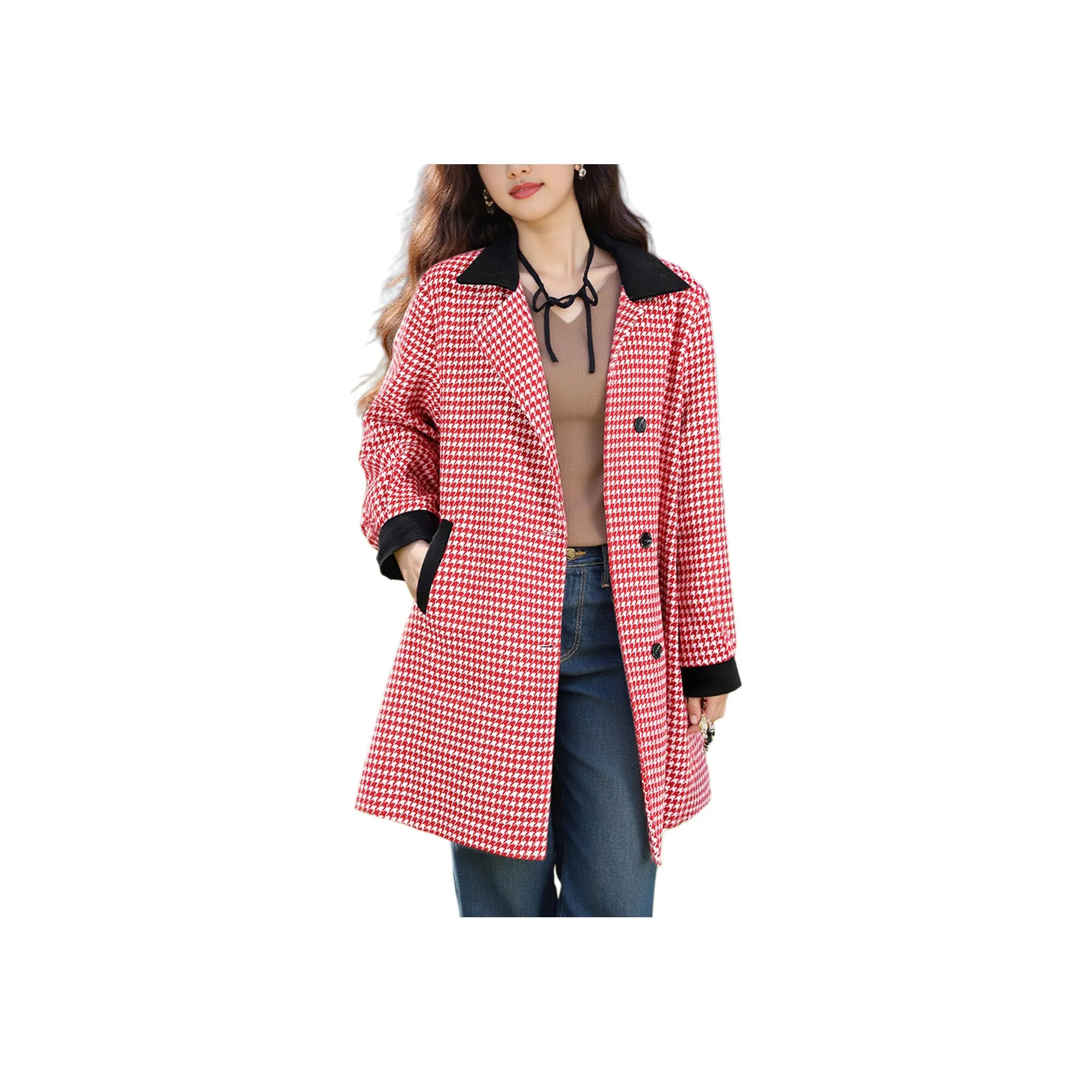 Wbwq Пальто Женское Красное в узор "гусиная лапка"