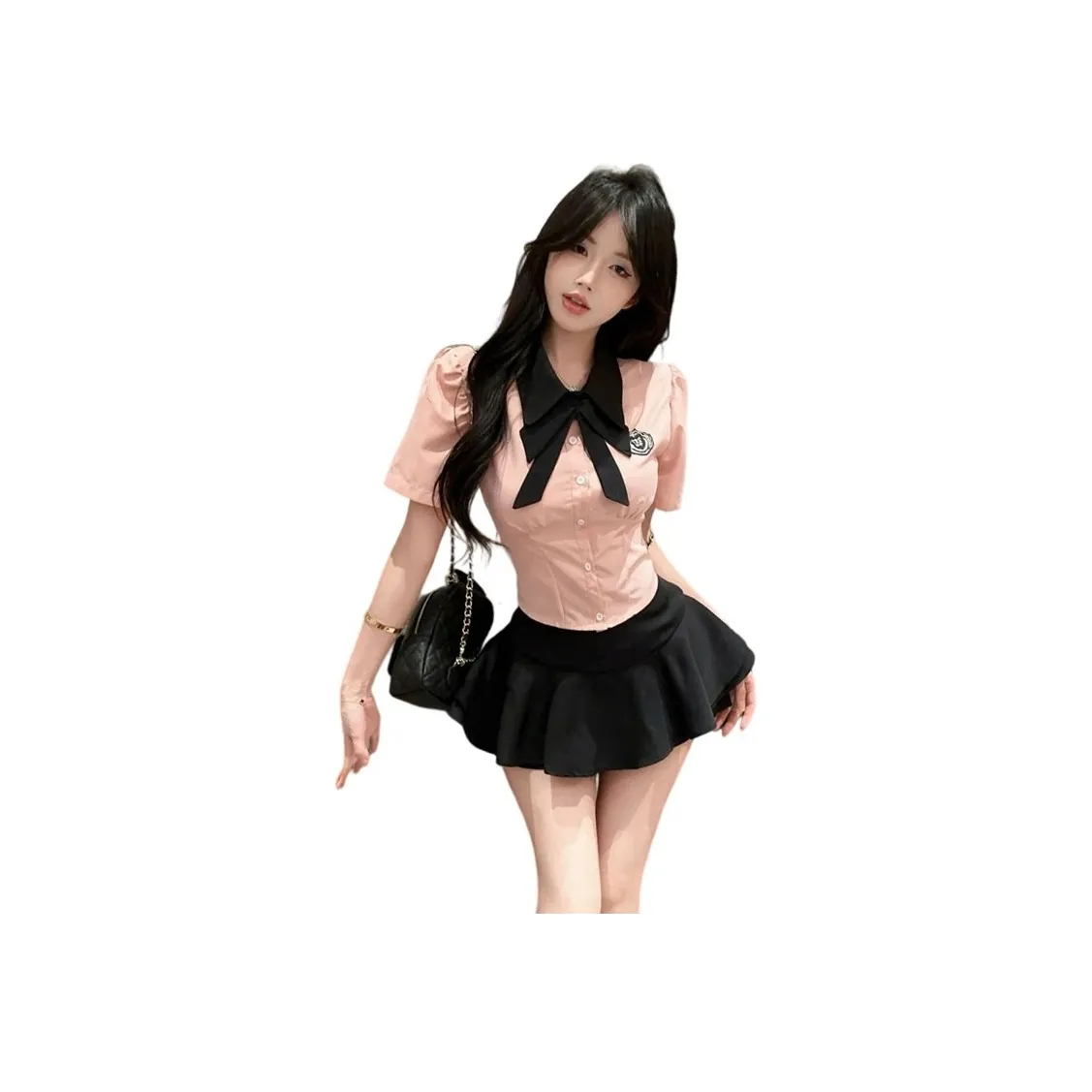 Garbege Розовая рубашка + черная юбка + галстук-бабочка, комплект женской униформы