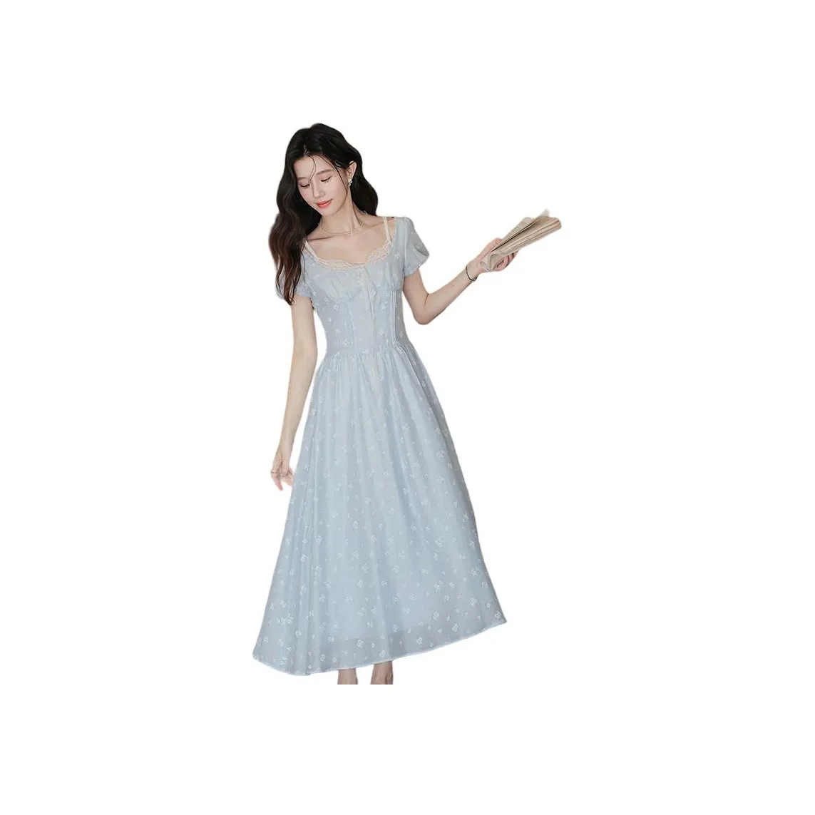 MM Цветочный дизайн Пыльно-голубой Женские Короткие Платья с короткими рукавами