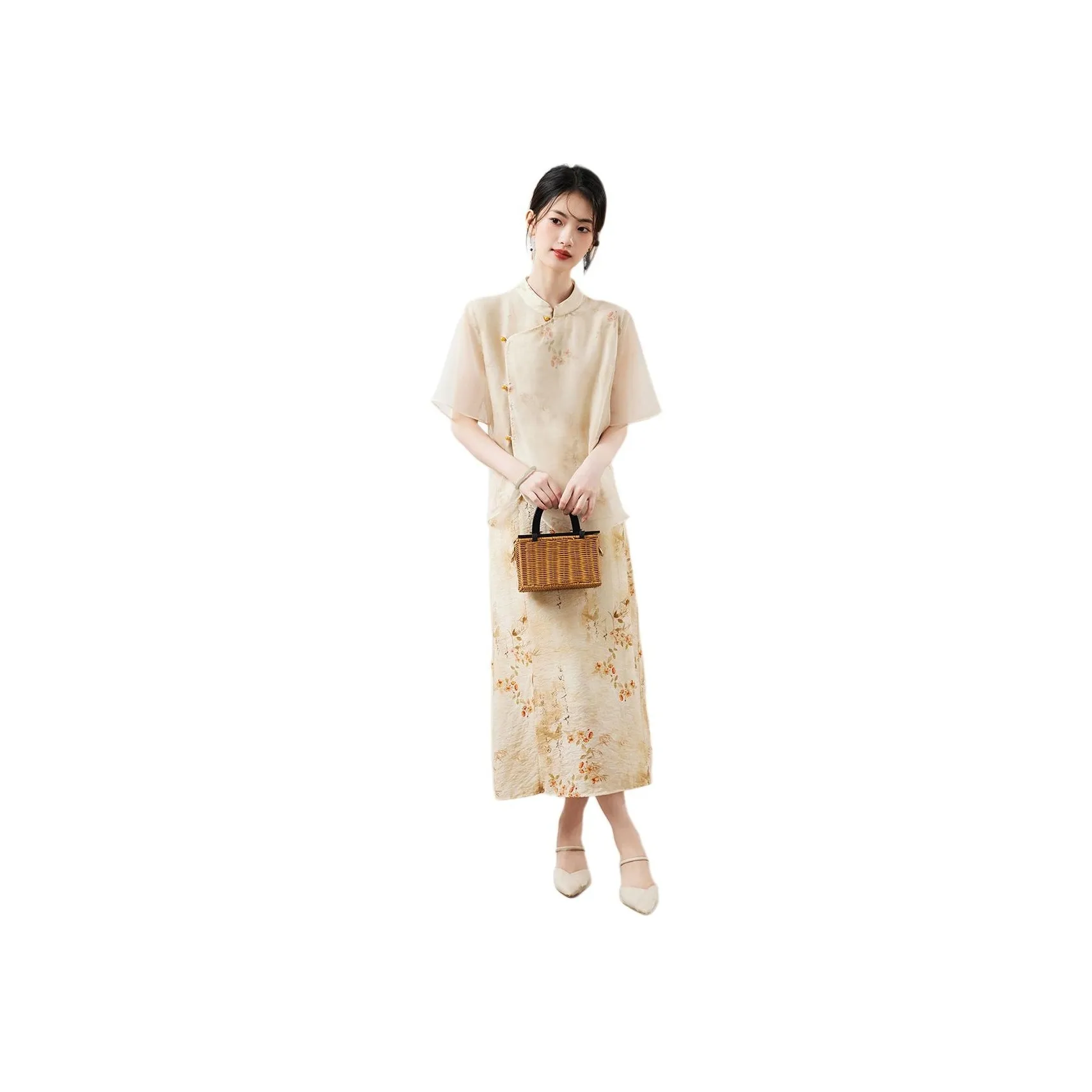 XINFEIYU Skirt Set Women's Apricot Blossom Top+Dress