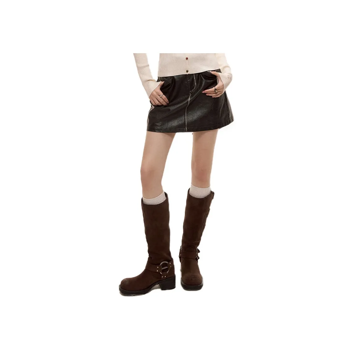 ELF SACK Black High Rise A Shape PU Leather Skirt Women's