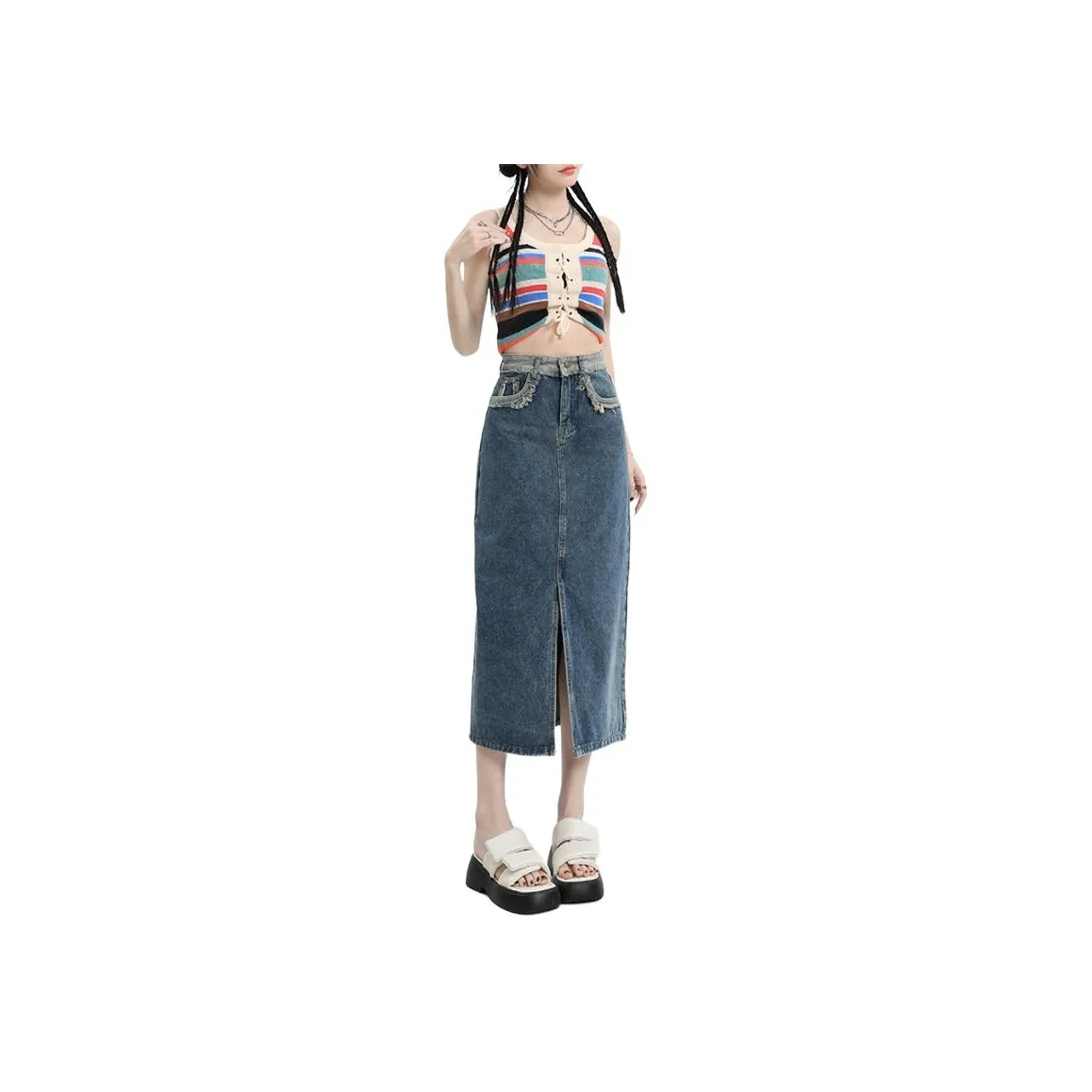 Alxnan Denim Long Skirts Women's Vintage Blue