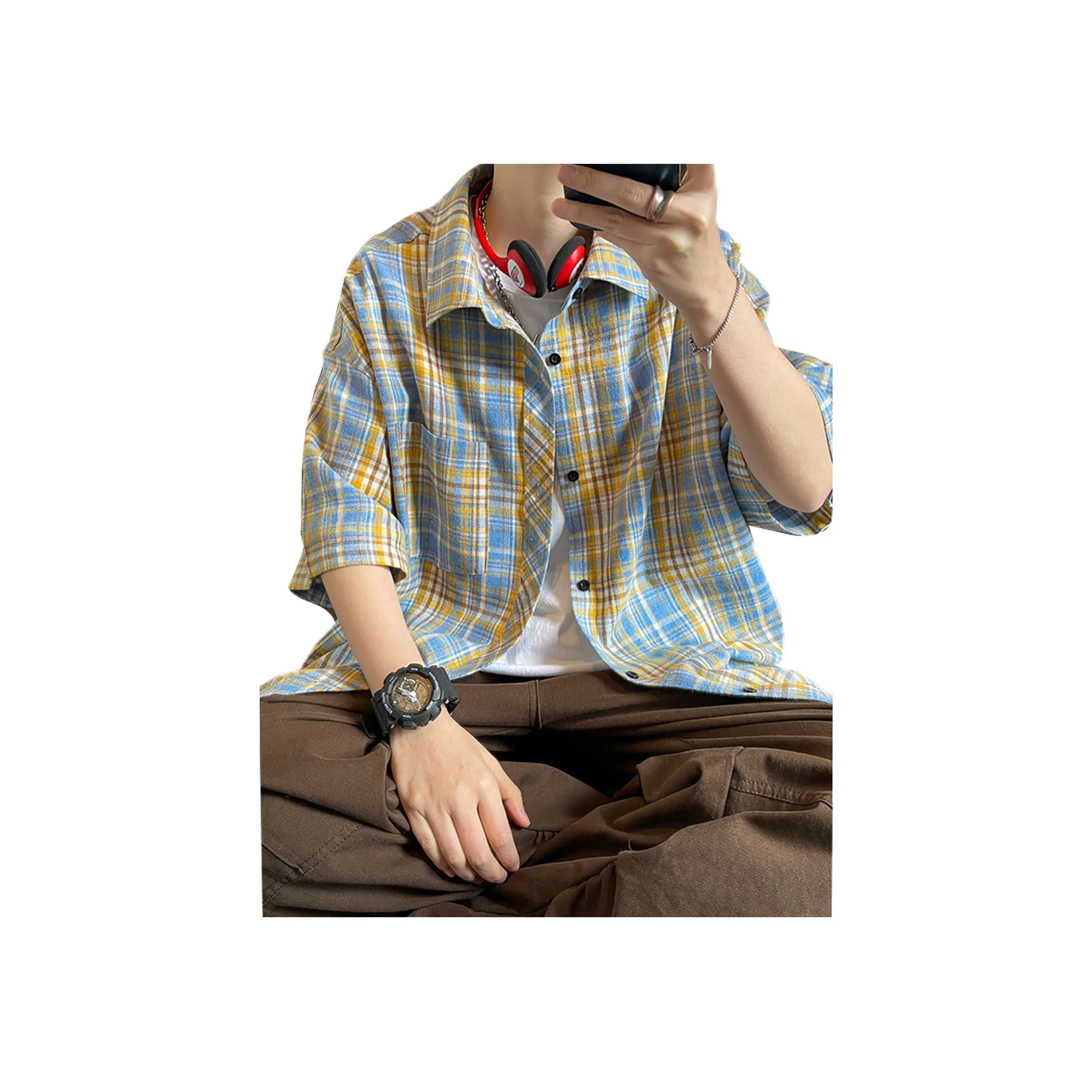 Love Monster Желтая клетка Короткий рукав Унисекс Рубашка