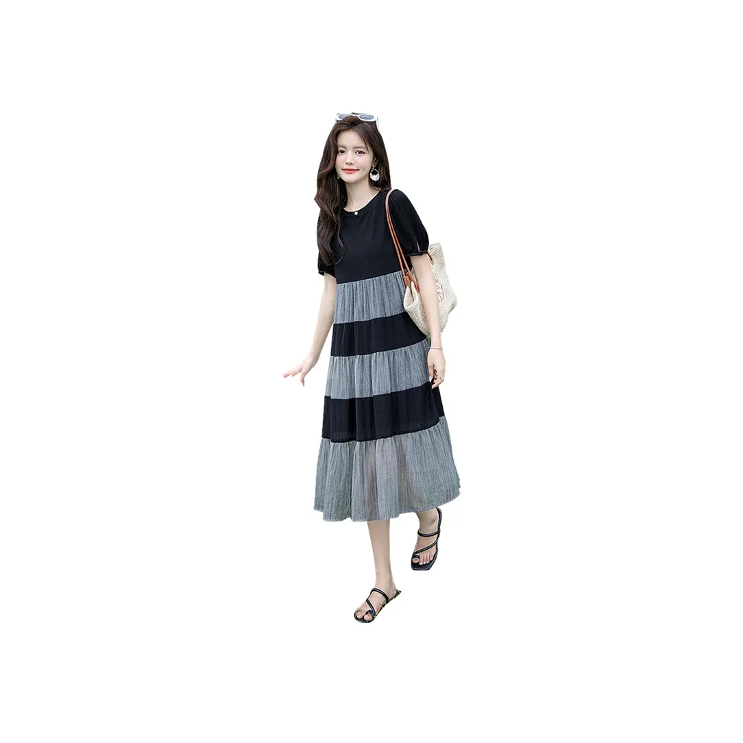 Cypress House Short Sleeved Dress Women's Black & Light Gray Stripes