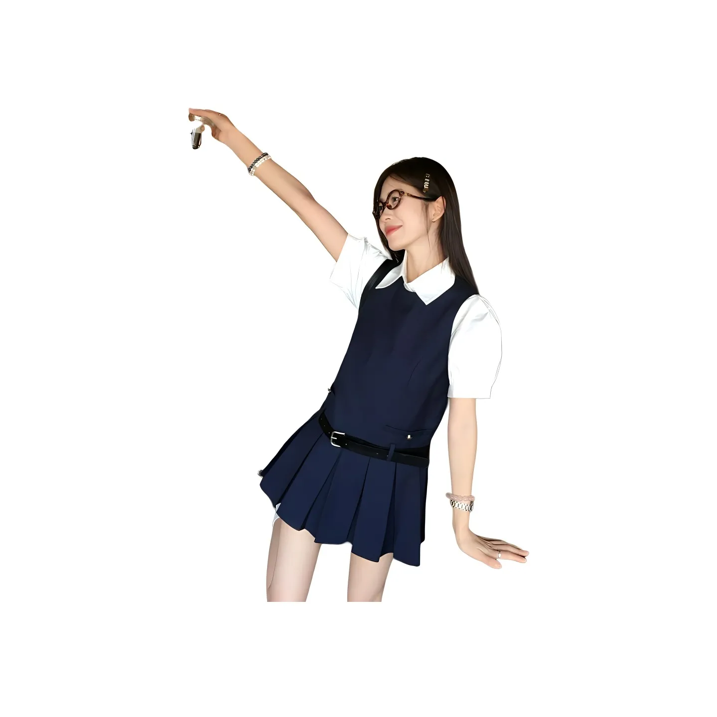 Garbege Two Piece Skirt Sets Women's White Top Navy Blue Dress
