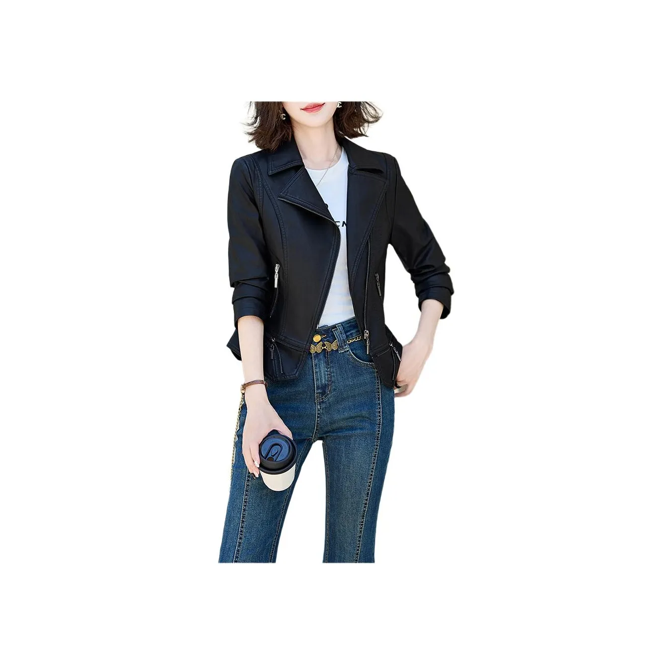 Aoaifu Кожа Куртка Женская Черная